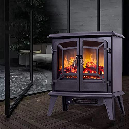 Black Electric Fireplace Heater with Realistic Flame Effects - Tall Wood Stove Style, Overheat Protection & 2 Heat Settings - Perfect for Living Room, Bedroom, and Office Warmth