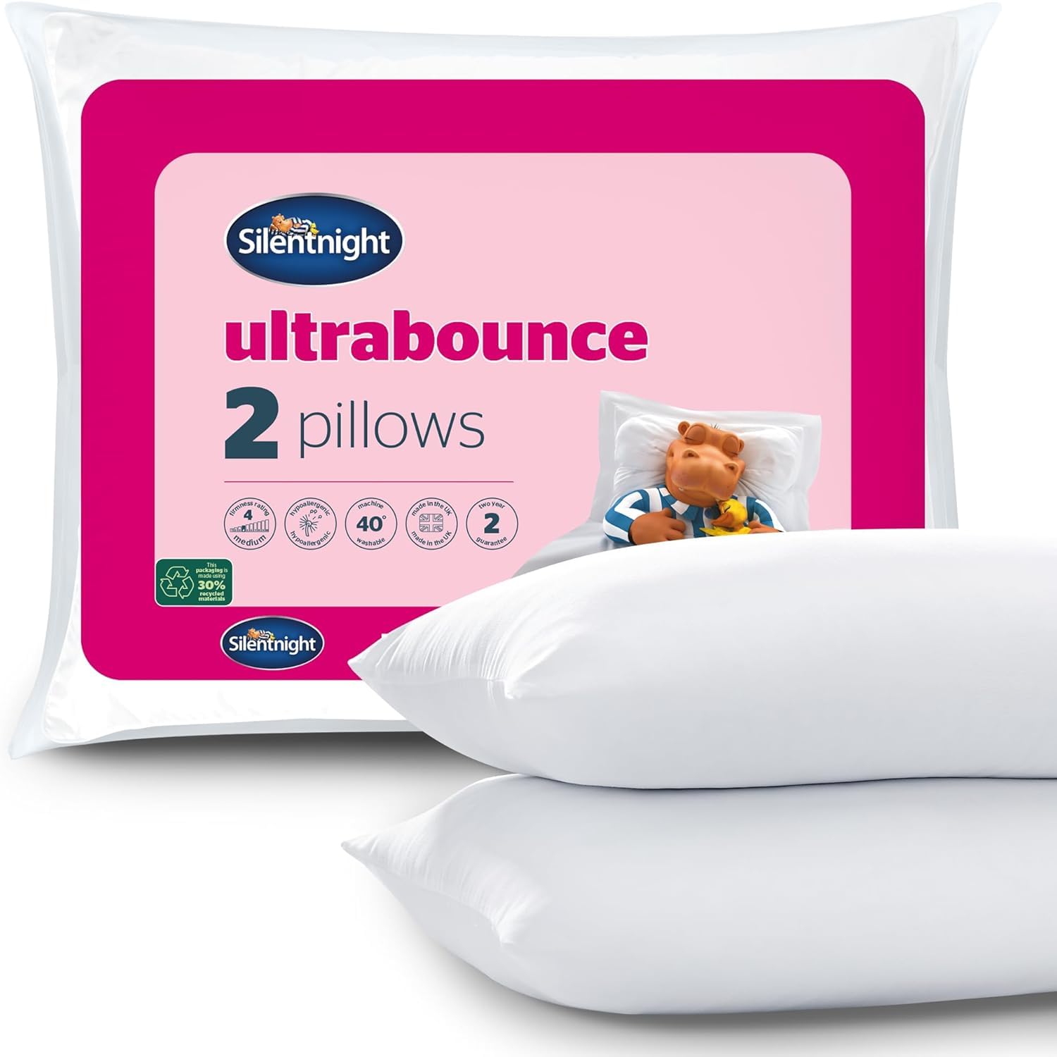 Silentnight Ultrabounce Pillows 2 Pack - Medium Support Hypoallergenic Bed Pillows for Stomach, Back & Side Sleepers - Machine Washable Soft Bouncy Pillows - Perfect for Home, Hotel & Travel Use (Pack of 2)