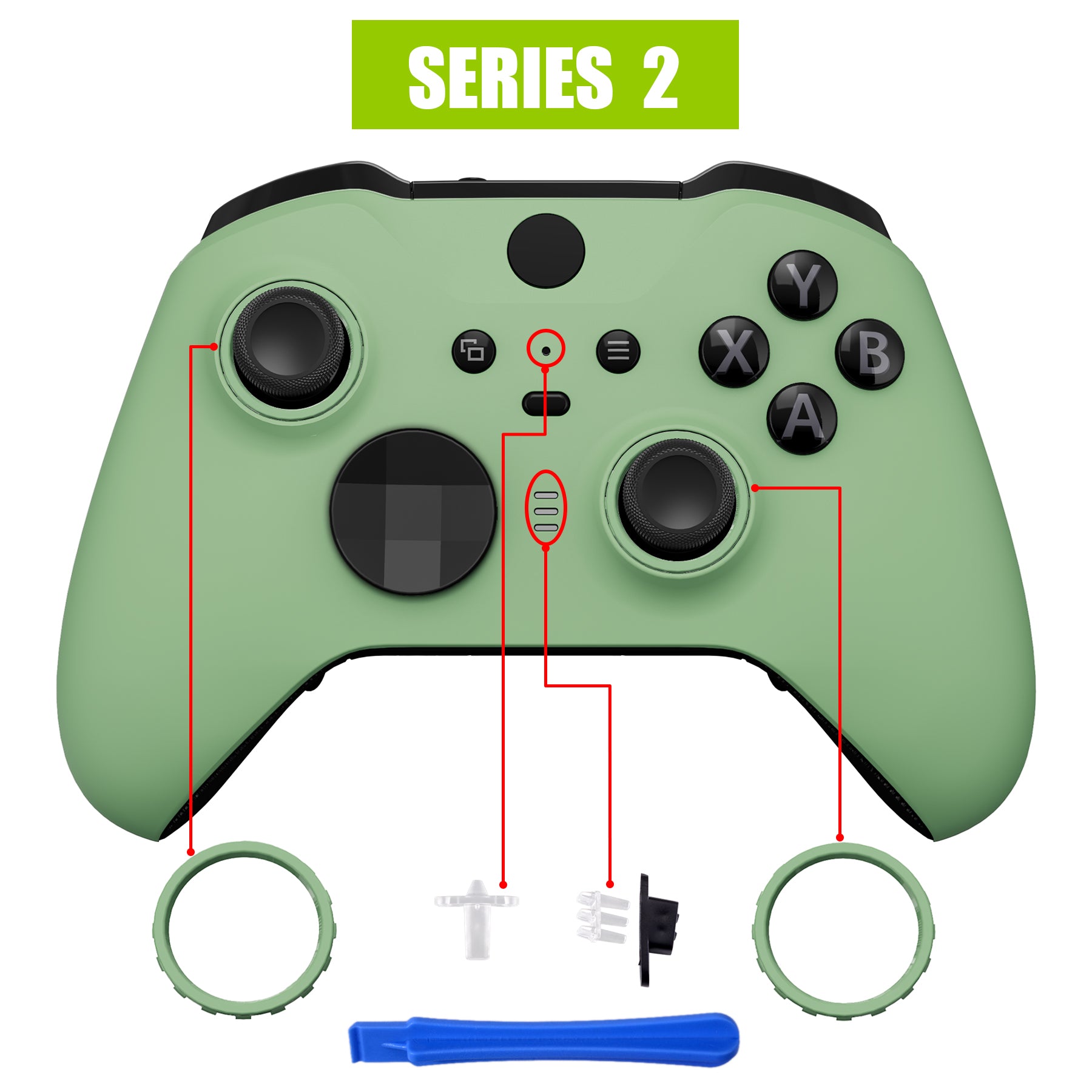 eXtremeRate Matcha Green Grip Faceplate Cover & Front Housing Shell Replacement Kit for Xbox One Elite Series 2 Controller (Model 1797 & Core) - Includes Thumbstick Accent Rings - Perfect for Gaming, Customization & Controller Protection (ELP333)