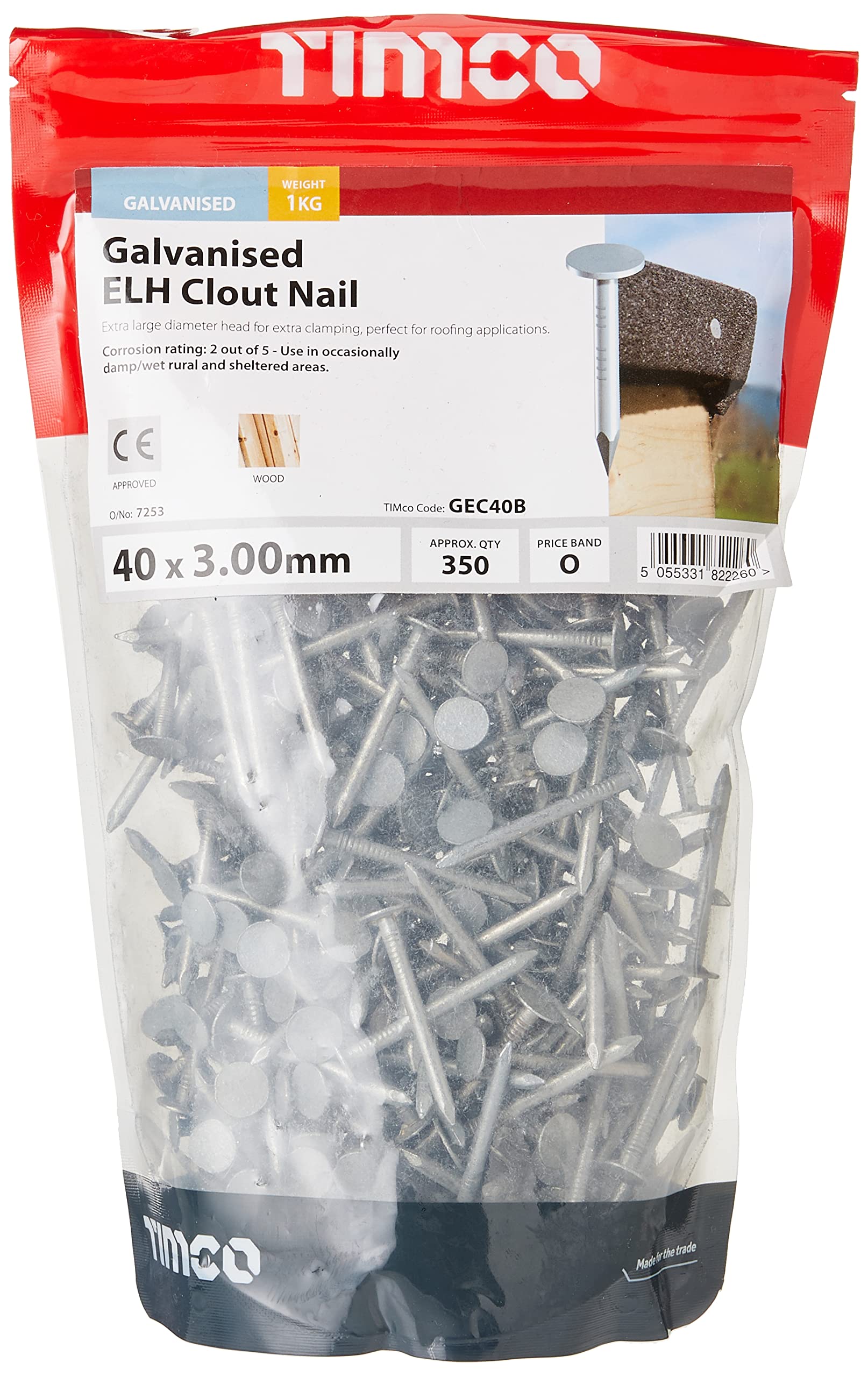 Galvanized ELH Clout Nails 40x3.00mm - Heavy Duty Roofing Nails for Felt & Plasterboard - 1kg Pack (1000 Nails) - Silver - Perfect for Roofing, DIY Projects & Construction Work