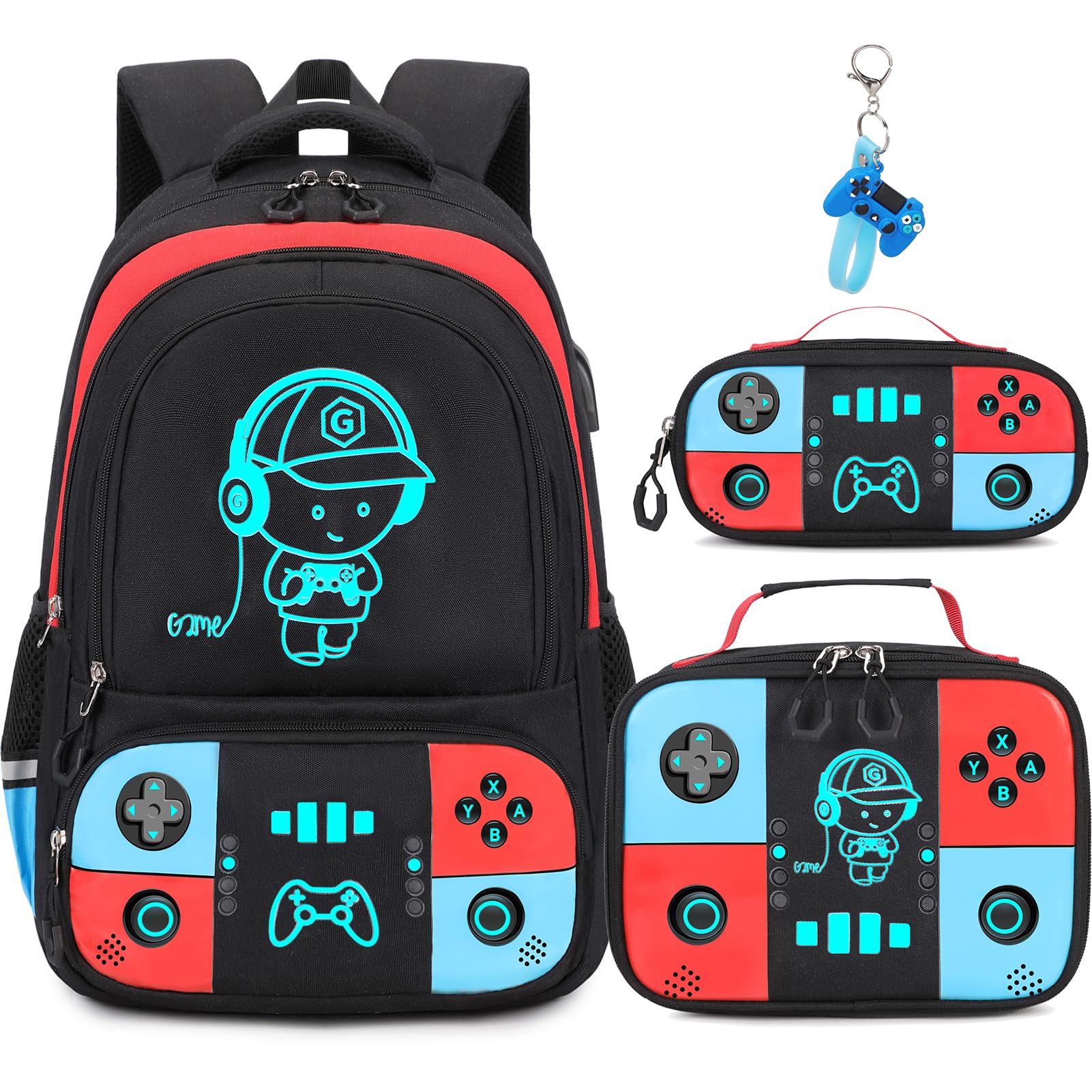 Bevalsa Luminous Gamer Backpack for Boys - Waterproof School Backpack with Lunch Box & Pencil Pouch Set - Perfect for School, Travel, and Gaming Conventions