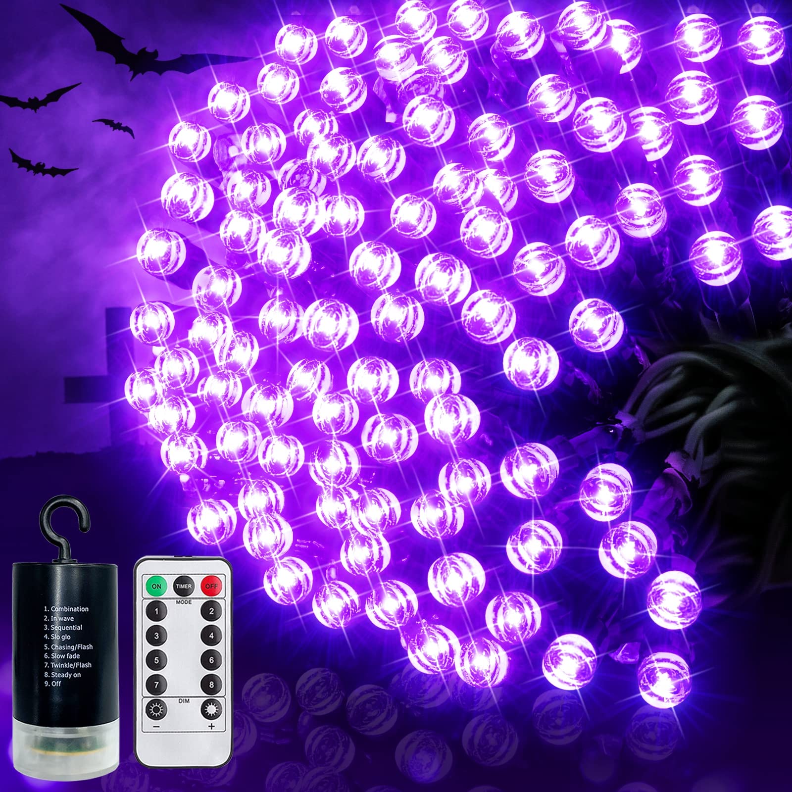 150 LED Halloween String Lights - 49.2 Ft Purple Battery Operated Waterproof Fairy Lights with Remote & Timer, 8 Lighting Modes for Indoor/Outdoor Halloween Decorations, Home, Garden, Party, Tree Decor (Black Wire) - Perfect for Spooky Halloween Nights, Patio Lighting, and Holiday Celebrations