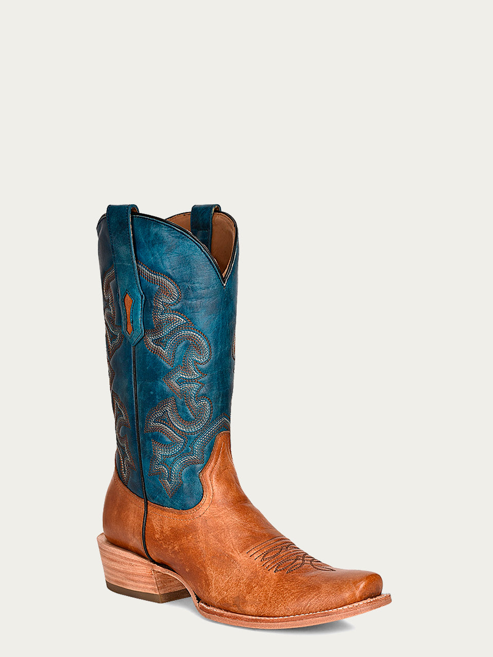 Men's Navy Blue & Sand Embroidered Narrow Square Toe Cowboy Boots - Western Style Riding Boots for Country Music Festivals & Rodeo Events