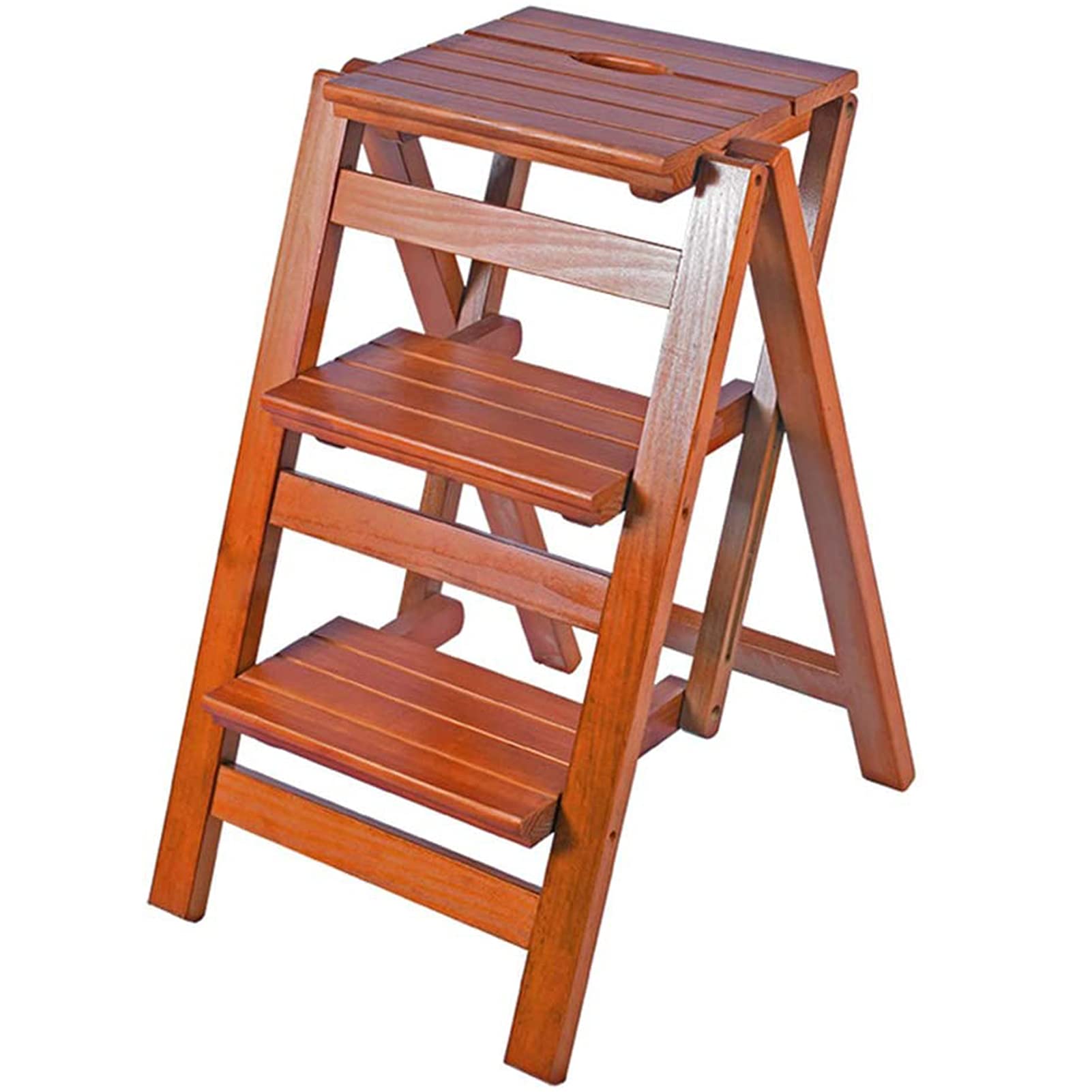 3-Step Foldable Wooden Ladder Stool - Non-Slip Safety Step Stool for Home, Kitchen, Bathroom, and Garage - Multi-Level Storage Shelf & High Chair for Kids and Adults - Space-Saving Foldable Design