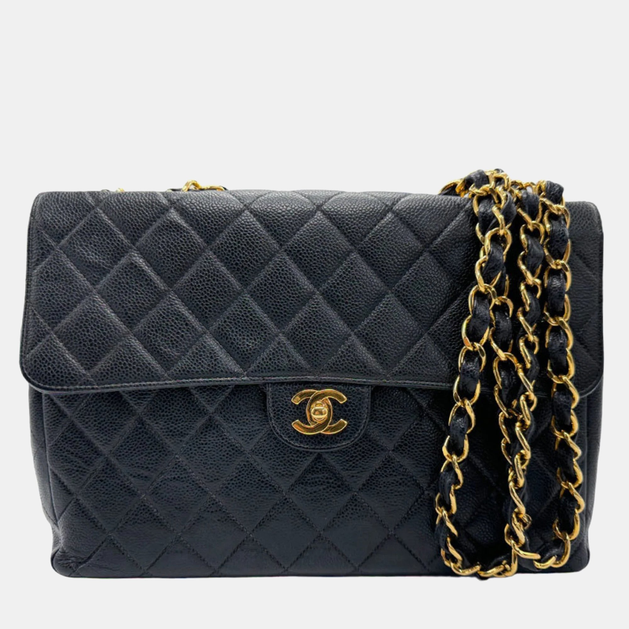 Luxury Black Caviar Leather Jumbo Classic Single Flap Shoulder Bag for Women | Designer Handbag for Work, Travel & Evening Events | Timeless Elegance & Spacious Storage