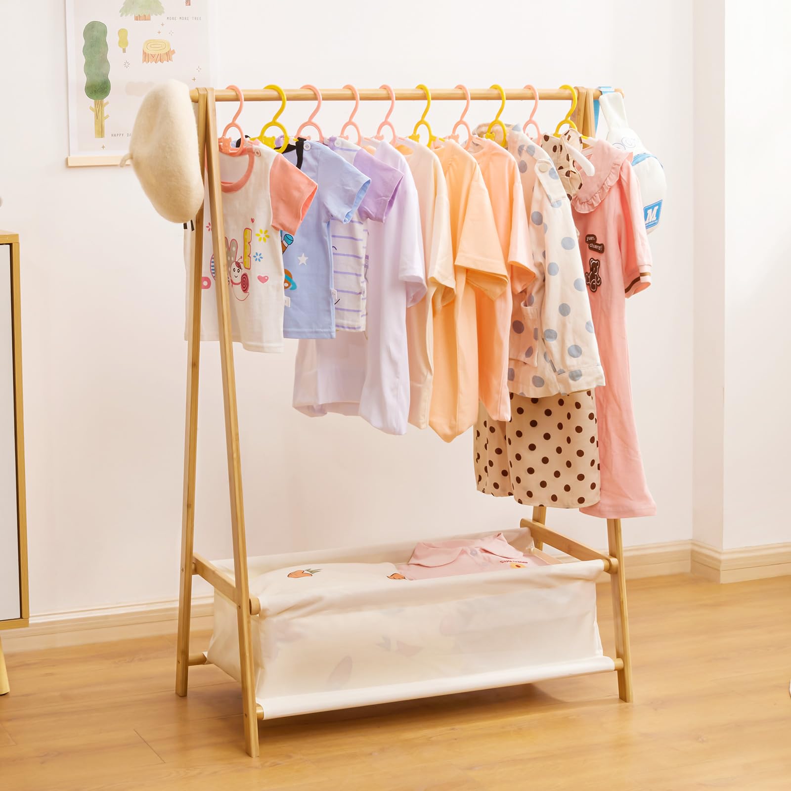 Kids Clothing Rack with Storage Box - Foldable Bamboo Garment Stand with Hanging Rods for Children's Wardrobe | Perfect for Bedroom, Nursery & Playroom Organization
