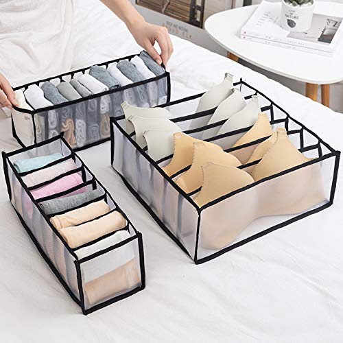 Foldable Underwear Drawer Organizer Set of 3 - Bra & Panty Storage Box with 6/7/11 Compartments - Nylon Sock & Lingerie Drawer Divider for Closet Organization (Black) - Perfect for Bedroom, Dorm & Travel Storage Solutions
