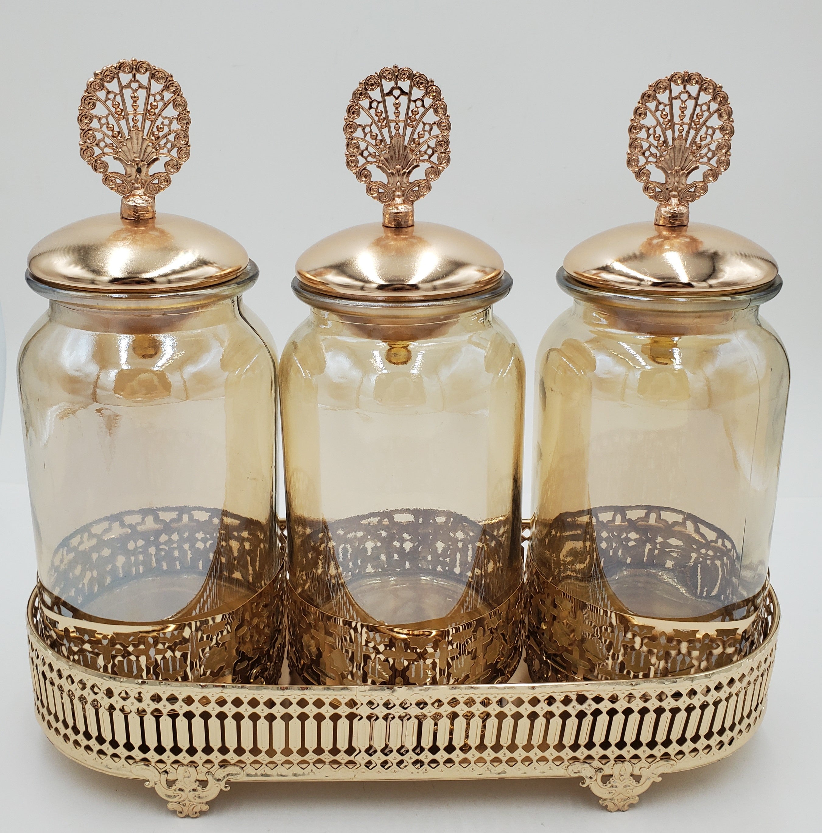 3-Piece Airtight Food Storage Canisters Set with Wooden Tray - Gold - Perfect for Kitchen Pantry Organization & Coffee Tea Sugar Storage