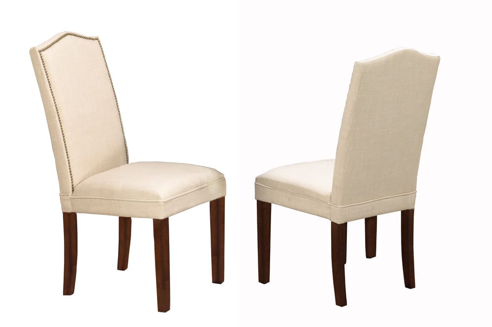 Beige Linen Fabric Parson Dining Chairs with Brass Nailheads - Set of 2 Modern Kitchen Chairs for Dining Room, Breakfast Nook & Home Office