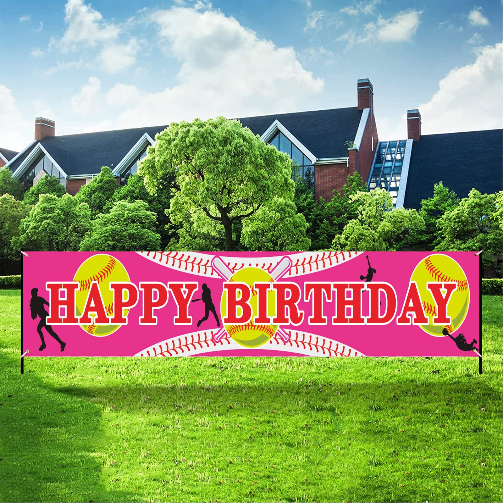 Softball Party Decorations - Large 118.8” x 19.7” Softball Happy Birthday Banner & Backdrop for Girls, Kids, Teens - Perfect for Birthday Parties, Team Celebrations, Sports Themed Events & Photo Backgrounds