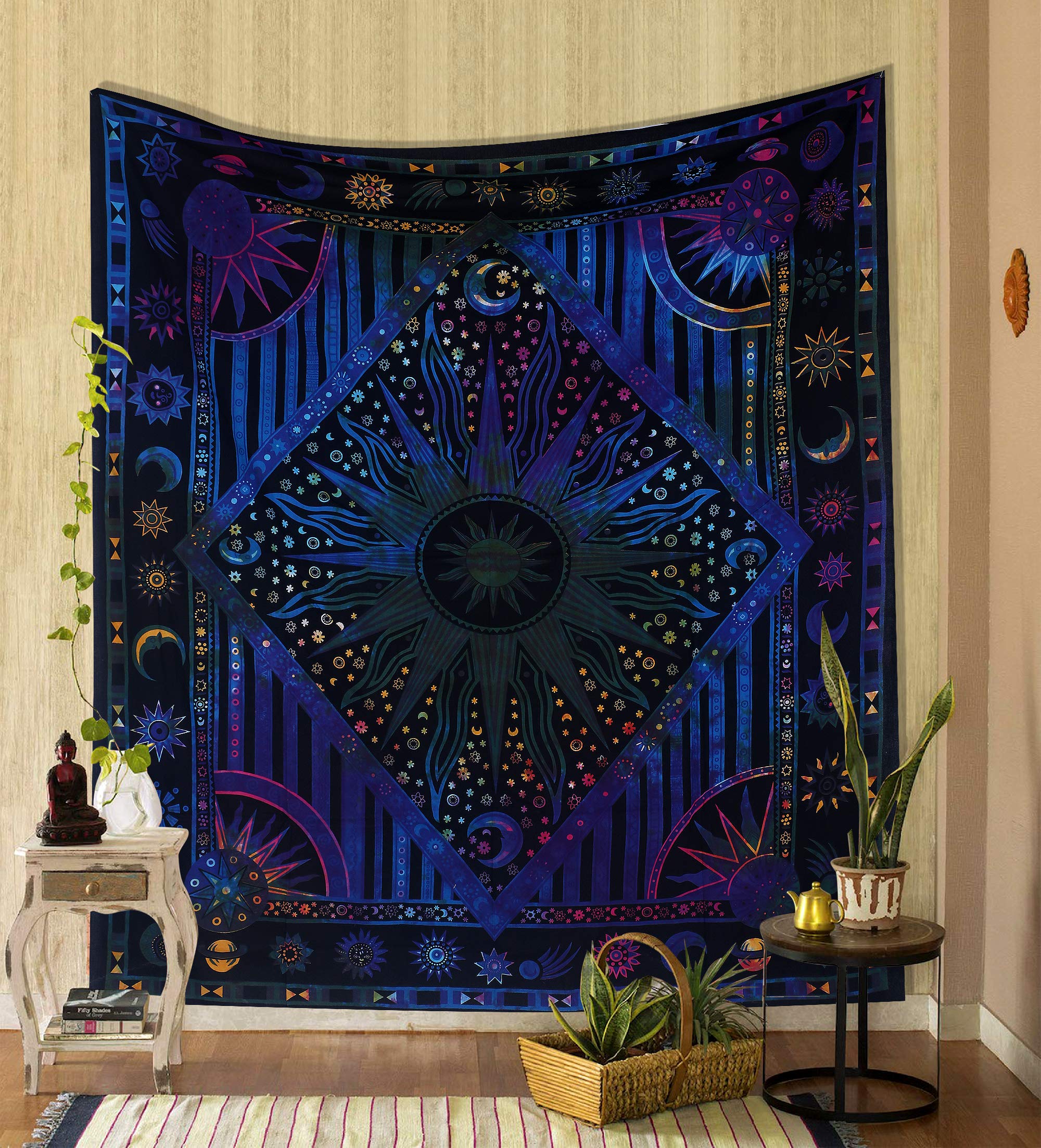 Trippy Tapestry Wall Decor - Sun Moon Psychedelic Bedspread for Bedroom & Living Room