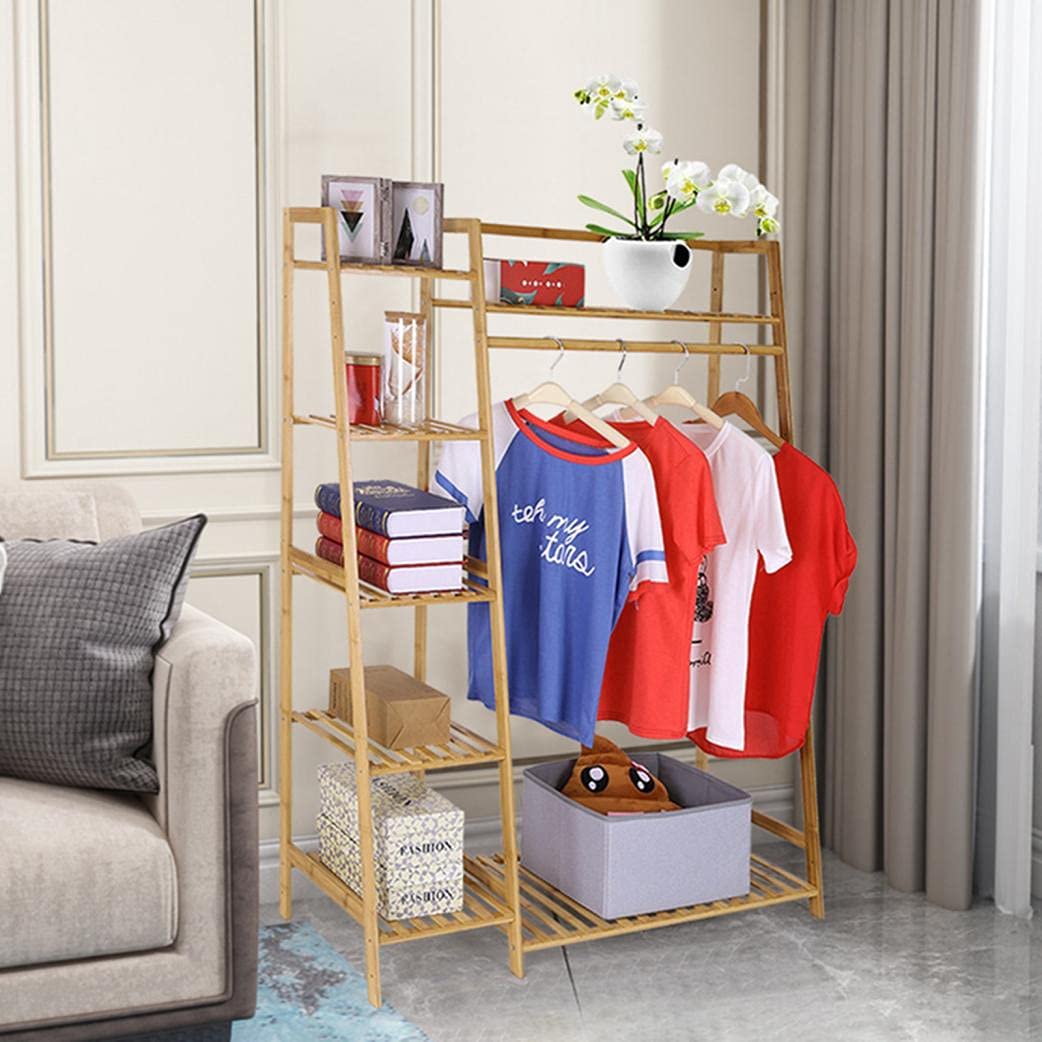Heavy Duty Bamboo Closet Garment Rack with 6 Shelves & Side Hooks - Rolling Clothing Storage Organizer for Bedroom, Closet or Laundry Room - Sturdy Home Furniture for Men & Women