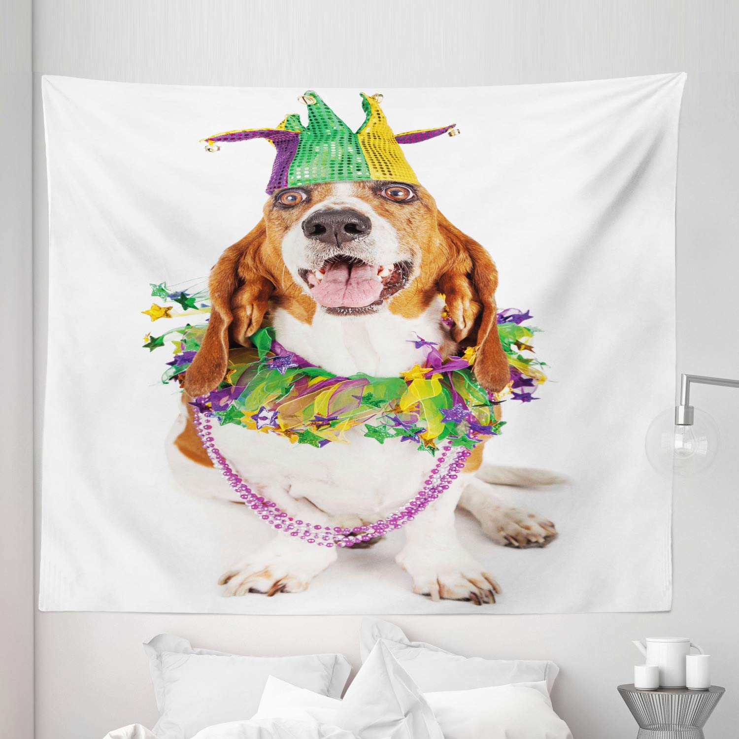 Ambesonne Mardi Gras Tapestry King Size - Basset Hound Dog Wall Decor for Party & Home