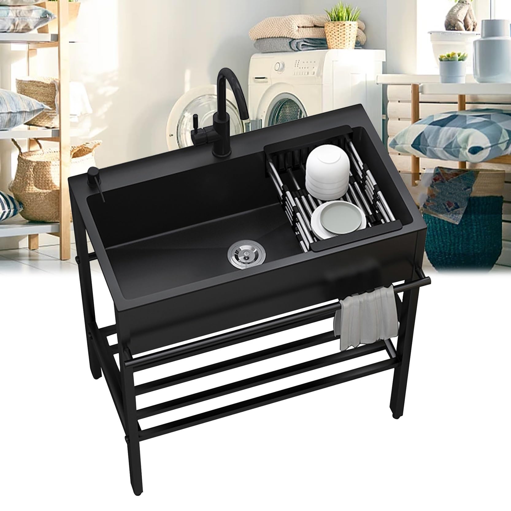Stainless Steel Utility Sink with Cabinet - Freestanding Single Bowl Kitchen Sink for Prep, Laundry & Pet Washing | Includes Faucet | Ideal for Garage, Outdoor Kitchen, Commercial Use & Workshop (Black)