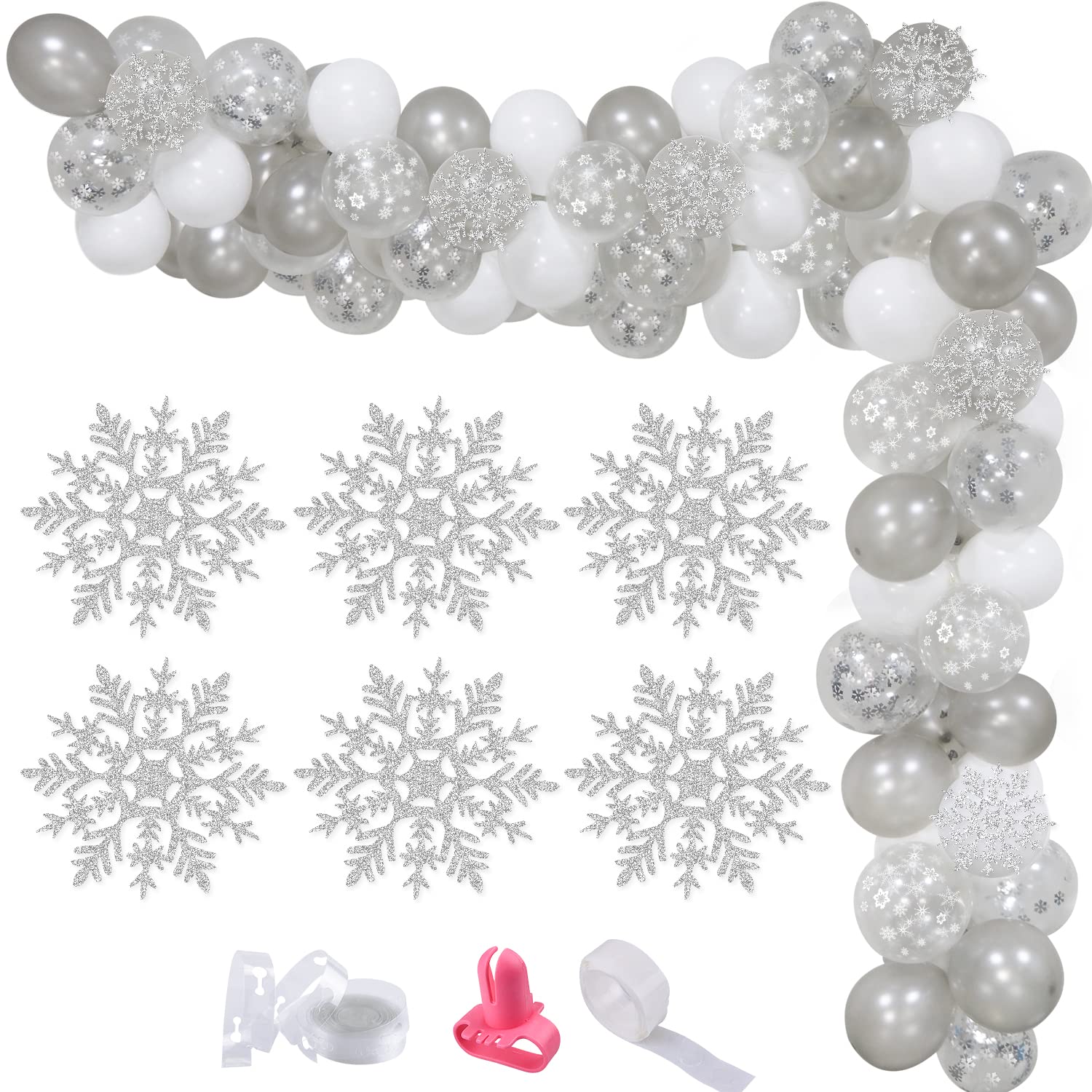 Silver Snowflake Balloons Garland Arch Kit with Confetti - Winter Wonderland Party Decor for Baby Shower, Birthday & Holiday Celebrations | Perfect for Indoor Winter Weddings, Christmas Decorations & New Year's Eve Parties