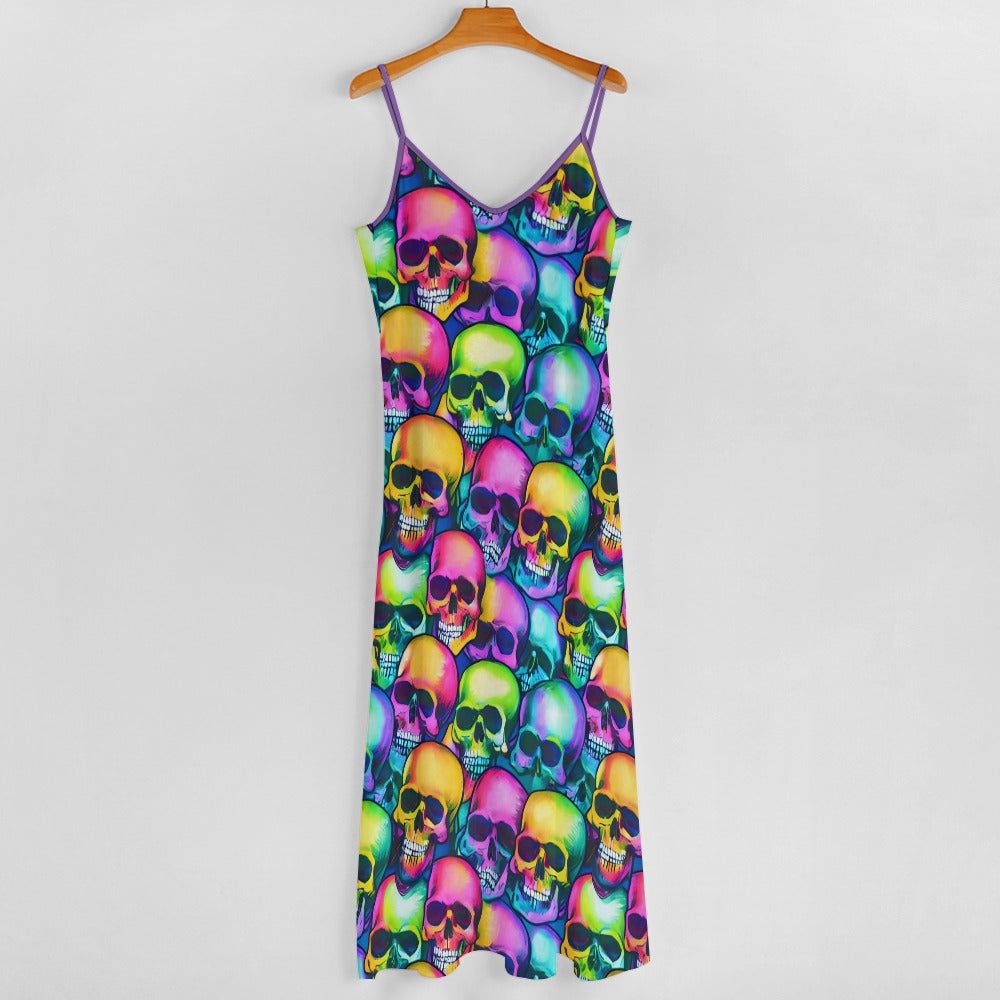 Stylish Multi-Color Skull Print Sling Ankle-Length Dress for Women | Gothic Boho Fashion | Perfect for Parties, Concerts & Halloween Costumes