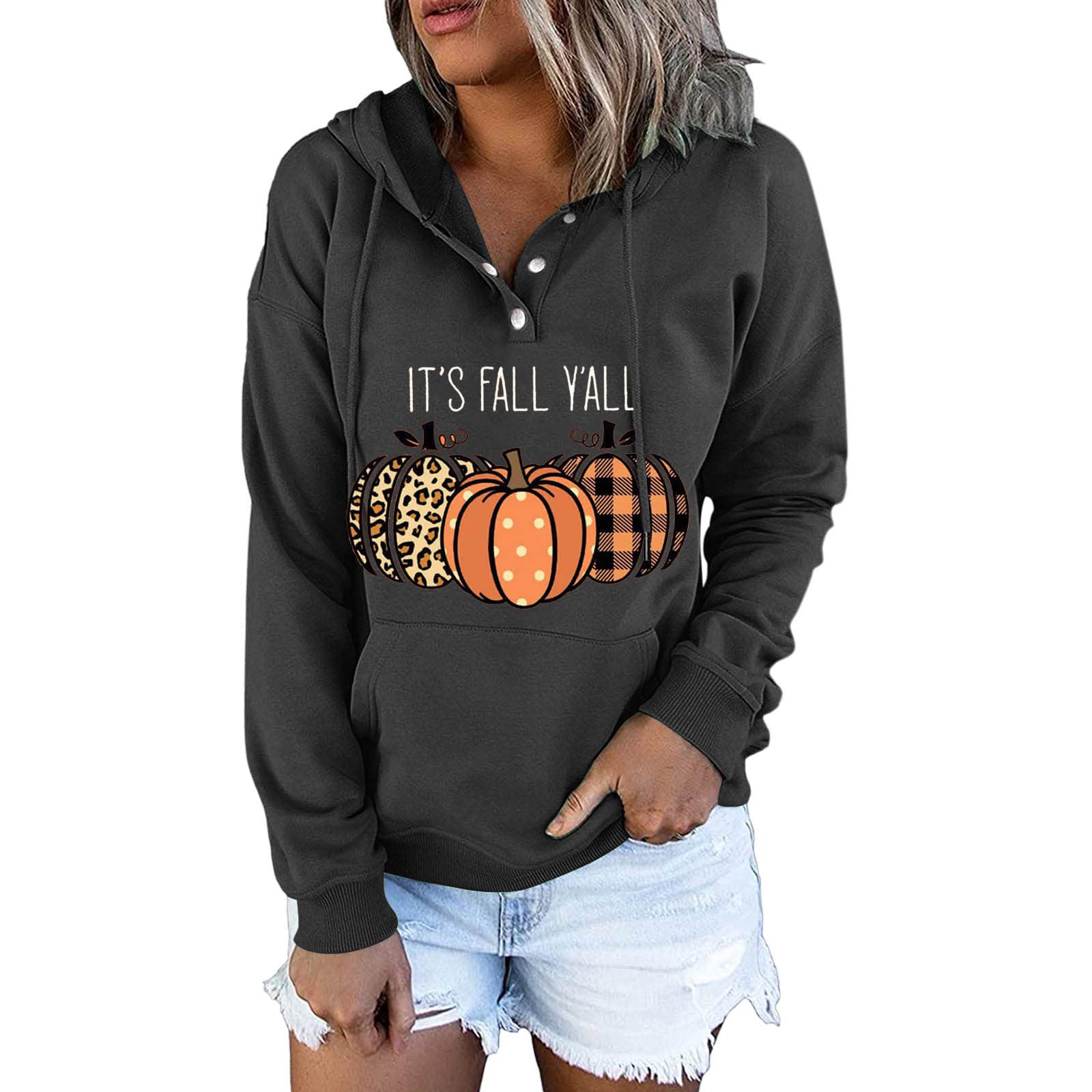 Women's Halloween Hooded Sweatshirt - Long Sleeve Button Print Pullover with Drawstring Pockets | Cozy Fall Fashion for Parties, Costumes & Casual Wear