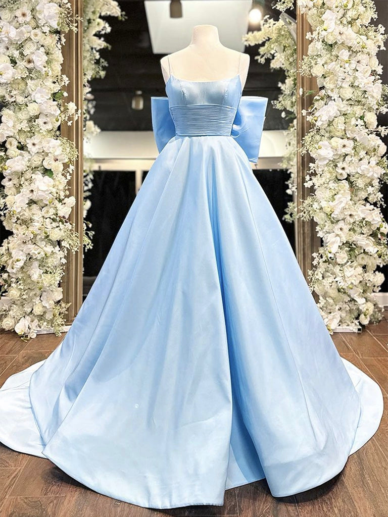 Elegant A-Line Satin Blue Long Prom Dress | Formal Evening Gown for Graduation, Homecoming & Special Occasions | Perfect for Prom Night, Wedding Guest & Black Tie Events