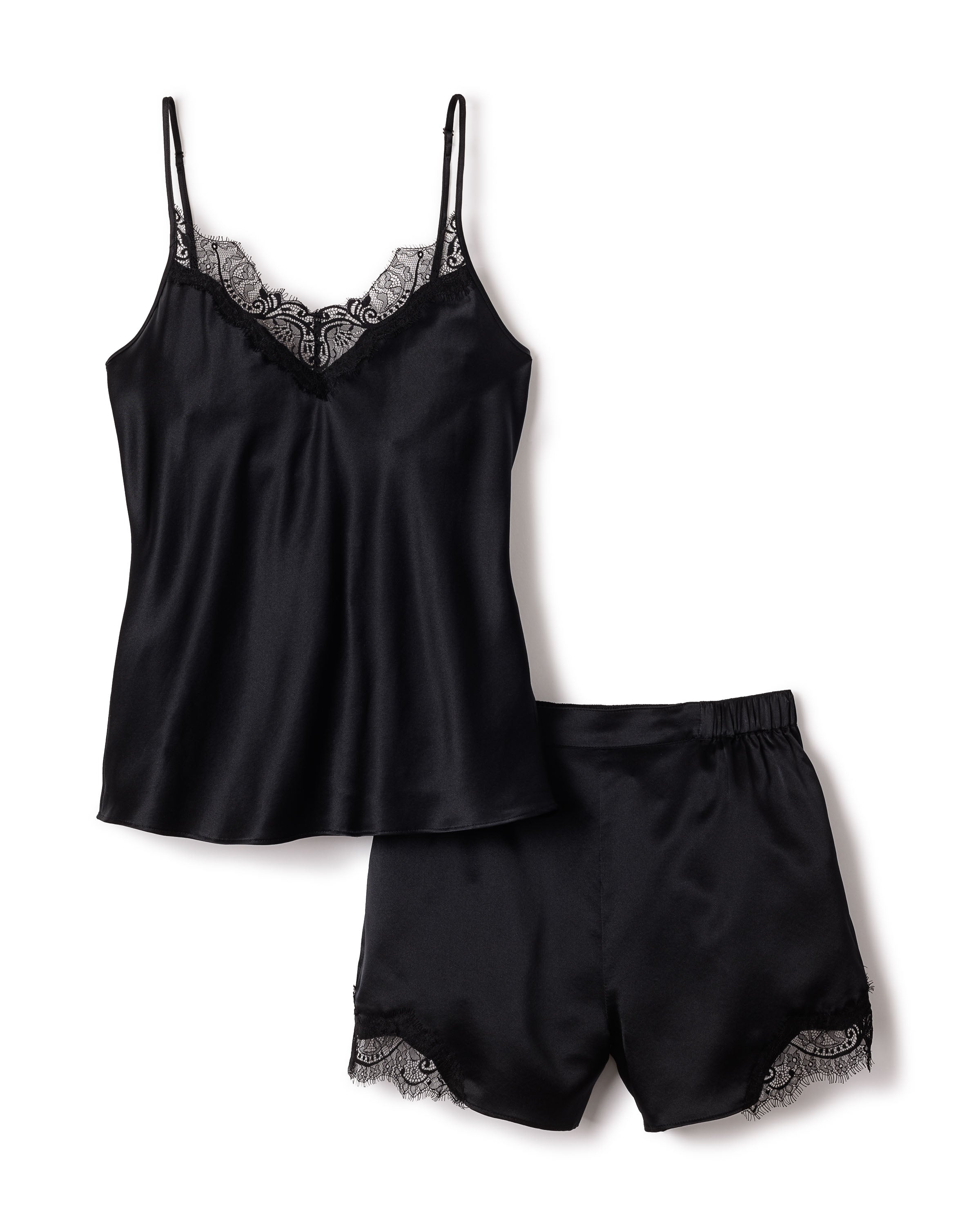 Women's Black Silk Lace Cami Top and Shorts Set - Sexy Sleepwear & Loungewear for Date Night or Relaxing at Home