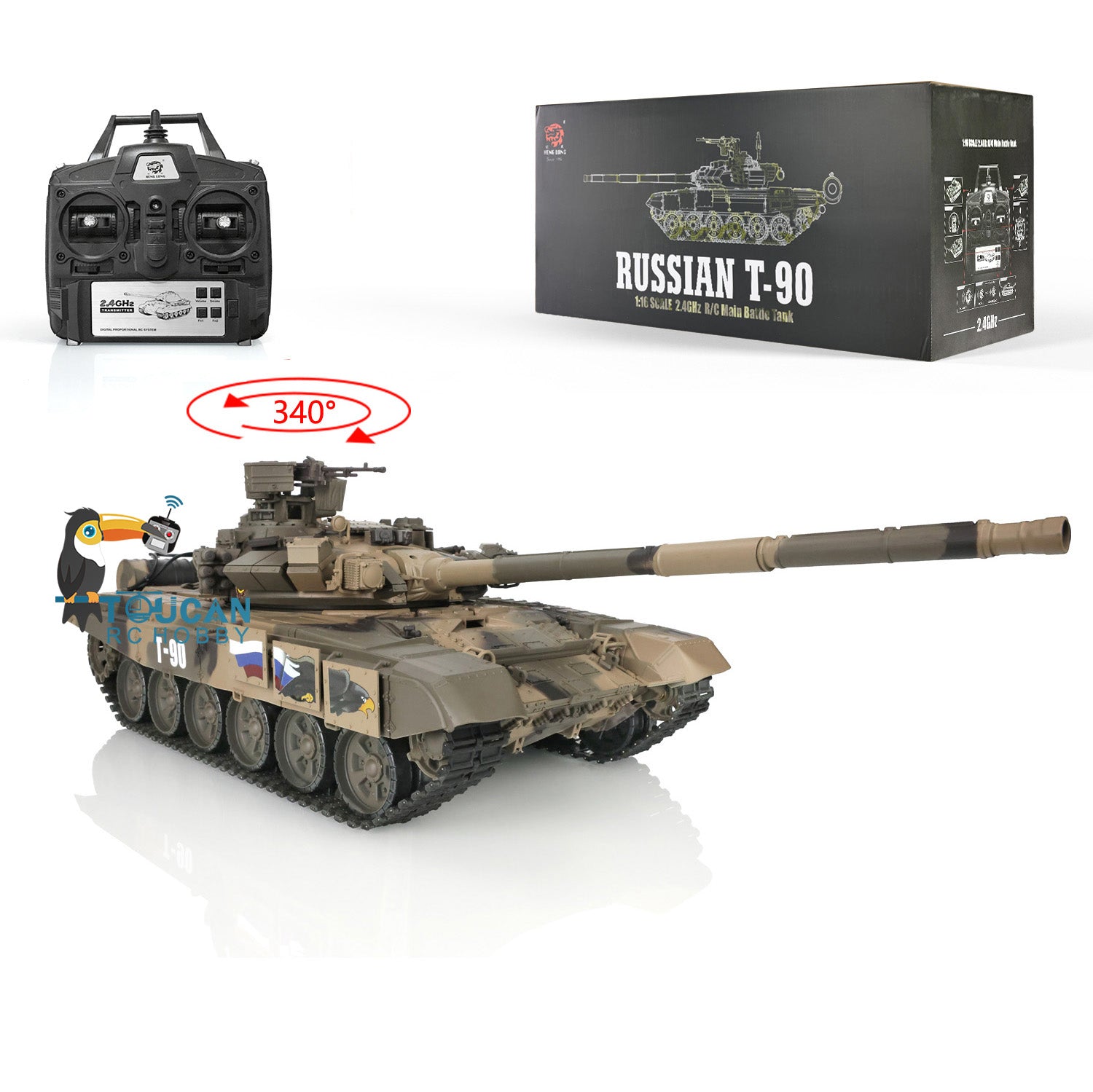 Henglong 2.4GHz 1/16 Scale Russian T90 RTR RC Tank with Sound, Smoke & Transmitter - Ready to Run Remote Control Battle Tank for Adults & Kids - Outdoor Play, Military Simulation & Hobby Collection