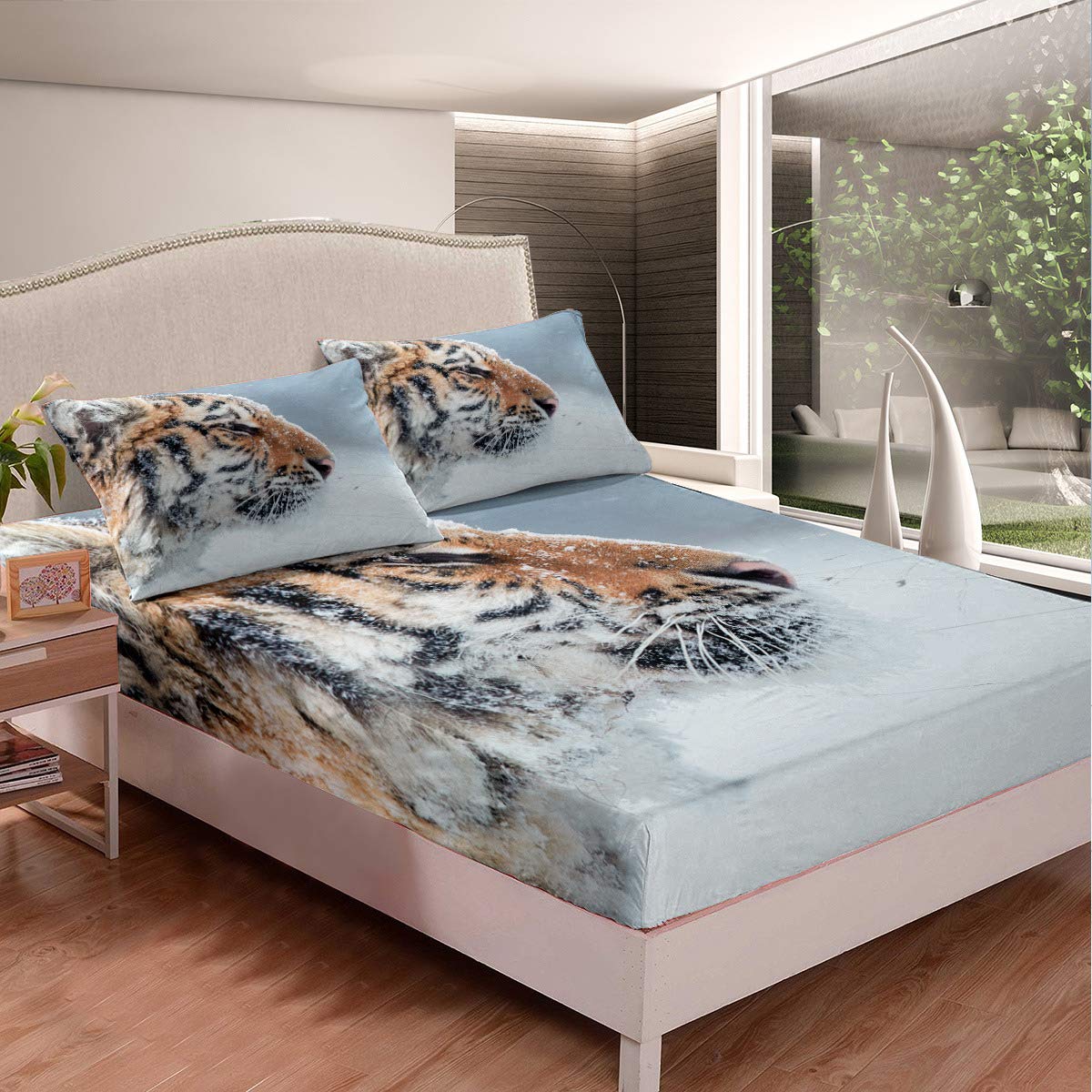 3-Piece Queen Size Fitted Sheet Set - Ultra Soft Brushed Microfiber Bedding with Deep Pockets (1 Fitted Sheet + 2 Pillowcases) - Perfect for Kids & Adults - Tiger Snow White Pattern - Ideal for Home, Dorm, Guest Room & Vacation Use