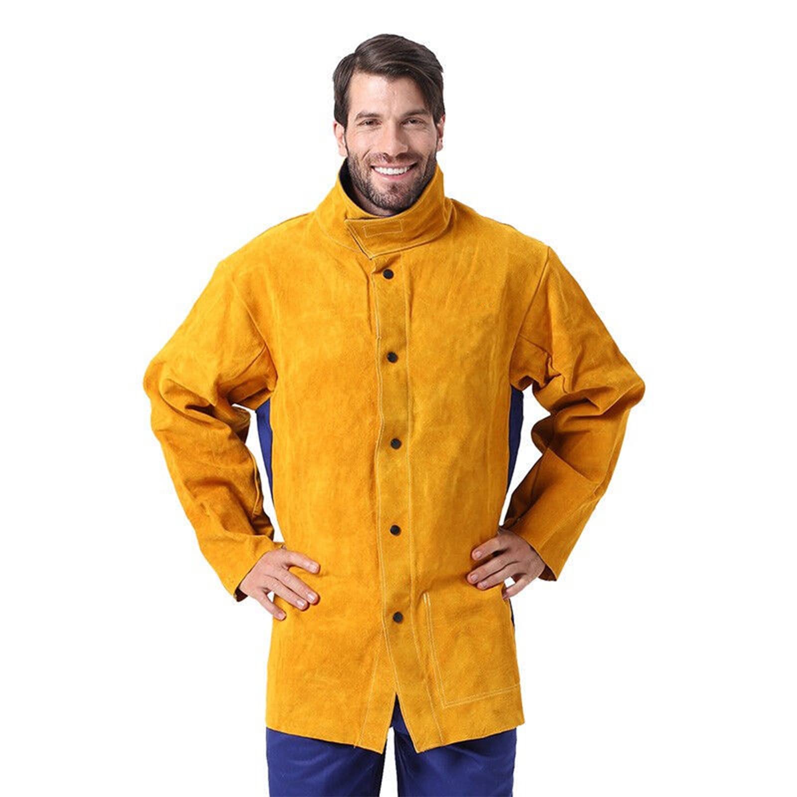 Flame Resistant Leather Welding Apron - Cowhide Electric Welding Suit with Back Cloth - Heavy Duty Fireproof Workwear for Welders (Yellow, Medium) - Ideal for Metal Fabrication, Construction & DIY Projects