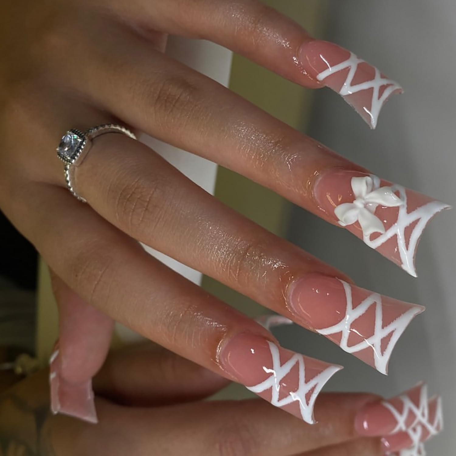 24Pcs Duck Shape Press on Nails - Glossy Full Cover Acrylic Medium Pink Fake Nails with Bow Designs | Reusable Artificial Nails with Charm & Glue | Perfect for Women & Girls | Great for Parties, Weddings, and Daily Wear
