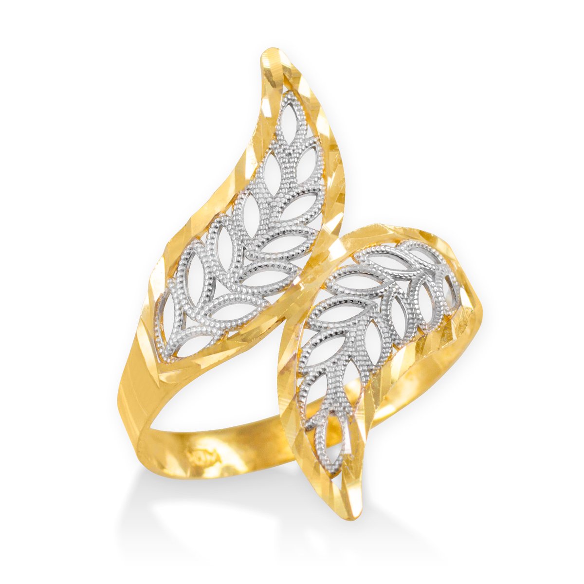 14K Two-Tone Gold Double Leaf Filigree Cocktail Ring - Elegant Modern Jewelry for Women, Perfect for Parties, Weddings & Special Occasions