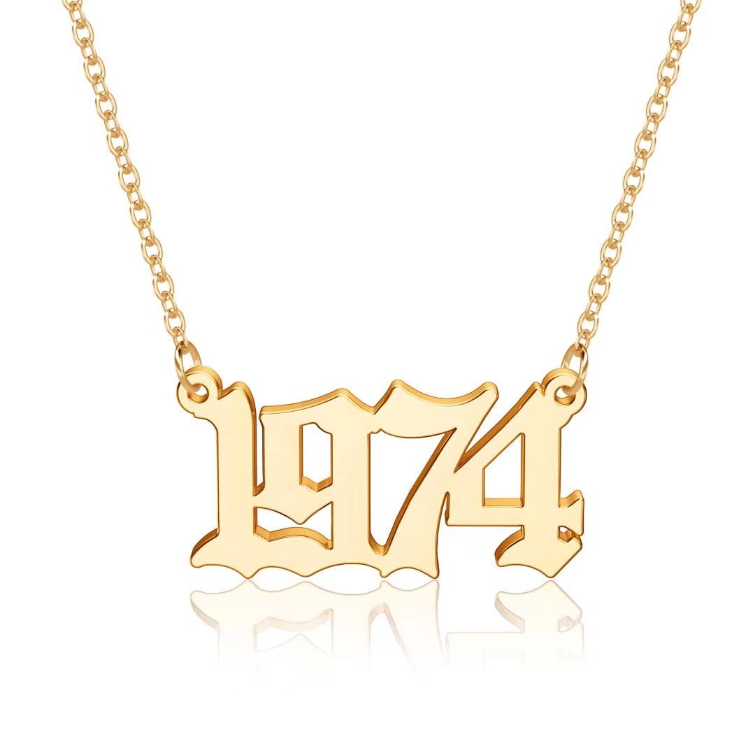 18K Gold Plated Old English Birth Year Necklace for Women - Personalized Number Pendant Jewelry Gift (1970-2021) | Birthday, Anniversary & Mother's Day Present | Perfect for Everyday Wear, Special Occasions & Gift Giving