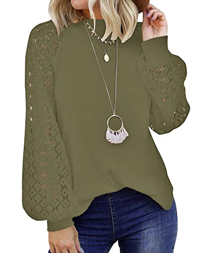 PLOKNRD Women's Long Sleeve Lace Waffle Knit T-Shirt - Casual Loose Blouse Top for Fall & Winter | Perfect for Office, Date Night & Everyday Wear