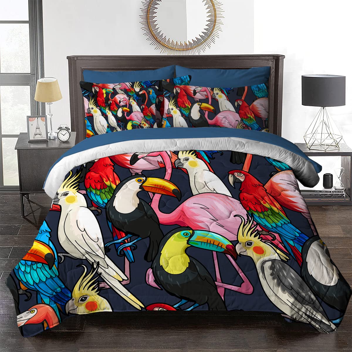 BlessLiving Tropical Bird Comforter Set - 8 Piece Exotic Wildlife Bed in a Bag, Queen Size Black Bedding Set with Comforter, Sheets, Pillowcases, Shams & Cushion Cover | Perfect for Jungle Themed Bedrooms, Guest Rooms & Wildlife Lovers