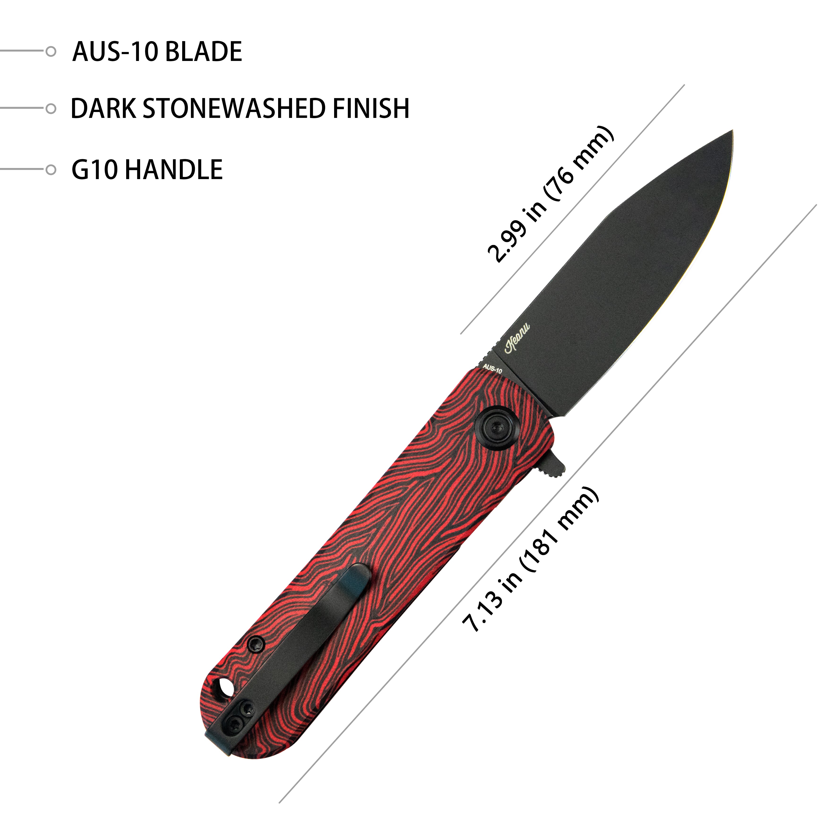 NEO Outdoor Folding Pocket Knife - Red & Black Damascus Steel Blade, G10 Handle, 3.43