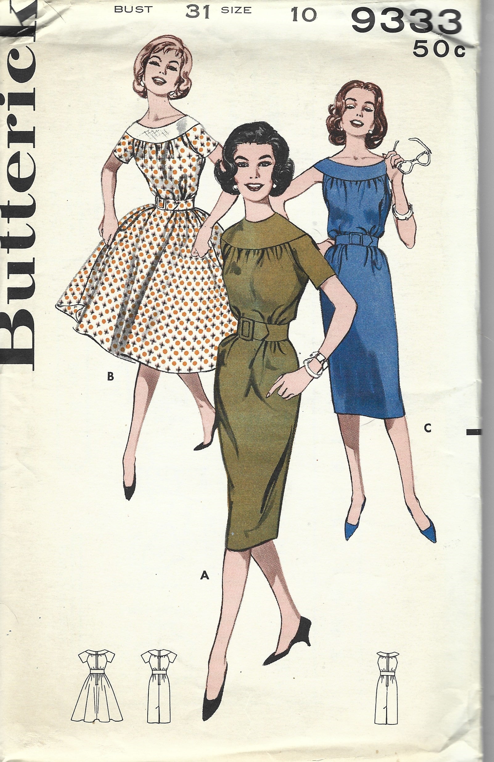 Vintage Butterick 9333 Full Skirted Slim Dress Sewing Pattern - 1960s Retro Style for Women, DIY Fashion Project & Costume Making