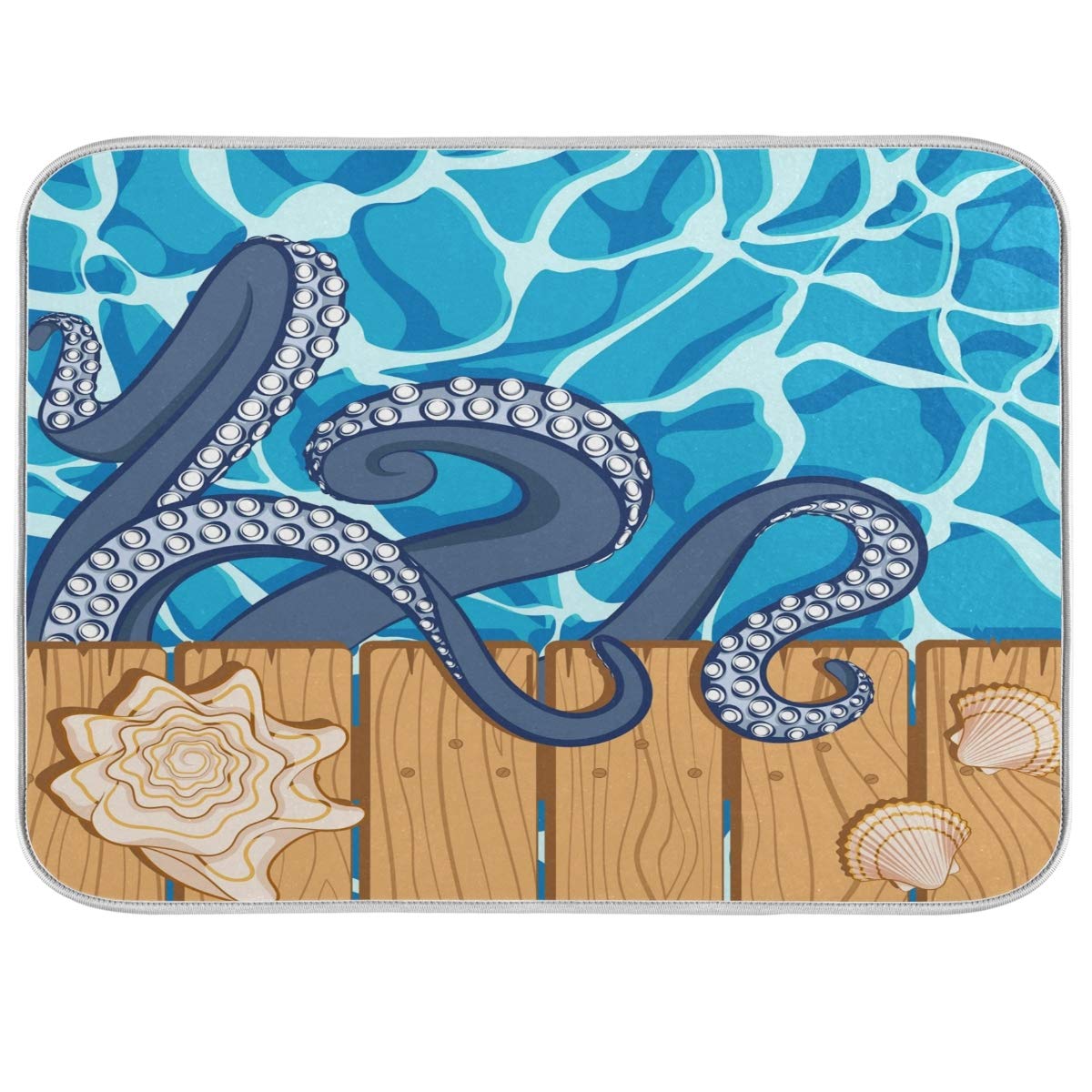 CaTaKu Wooden Octopus Dish Drying Mat - Foldable Reversible Microfiber Absorbent Kitchen Drying Rack Pad (16x18 Inches) | Heat Resistant & Easy Clean | Perfect for Countertop, Sink Side & Dish Organizing