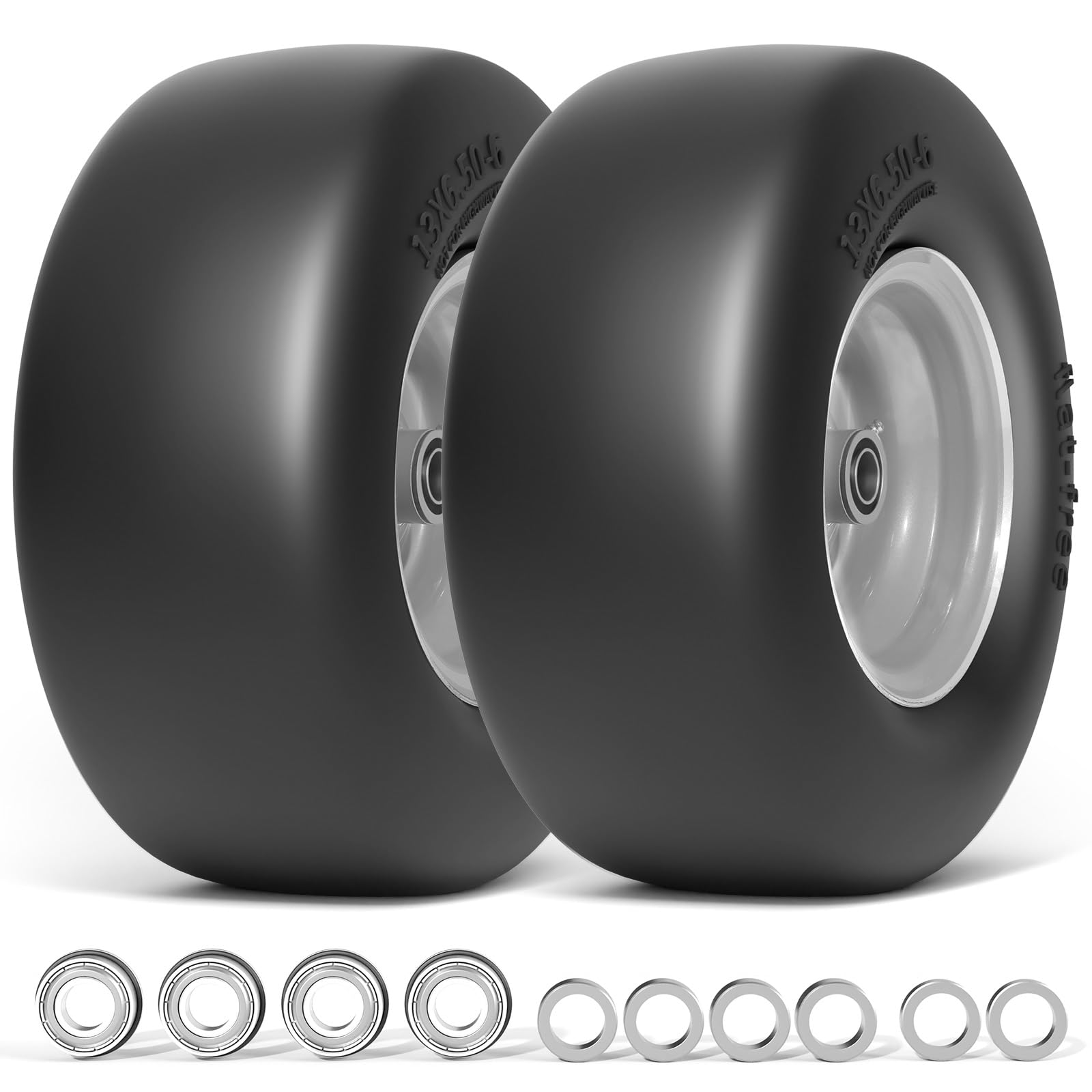 13x6.50-6 Flat Free Lawn Mower Tires & Wheels Set (2-Pack) - Zero Turn Mower Front Tires for Residential & Commercial Use - Fits 3/4