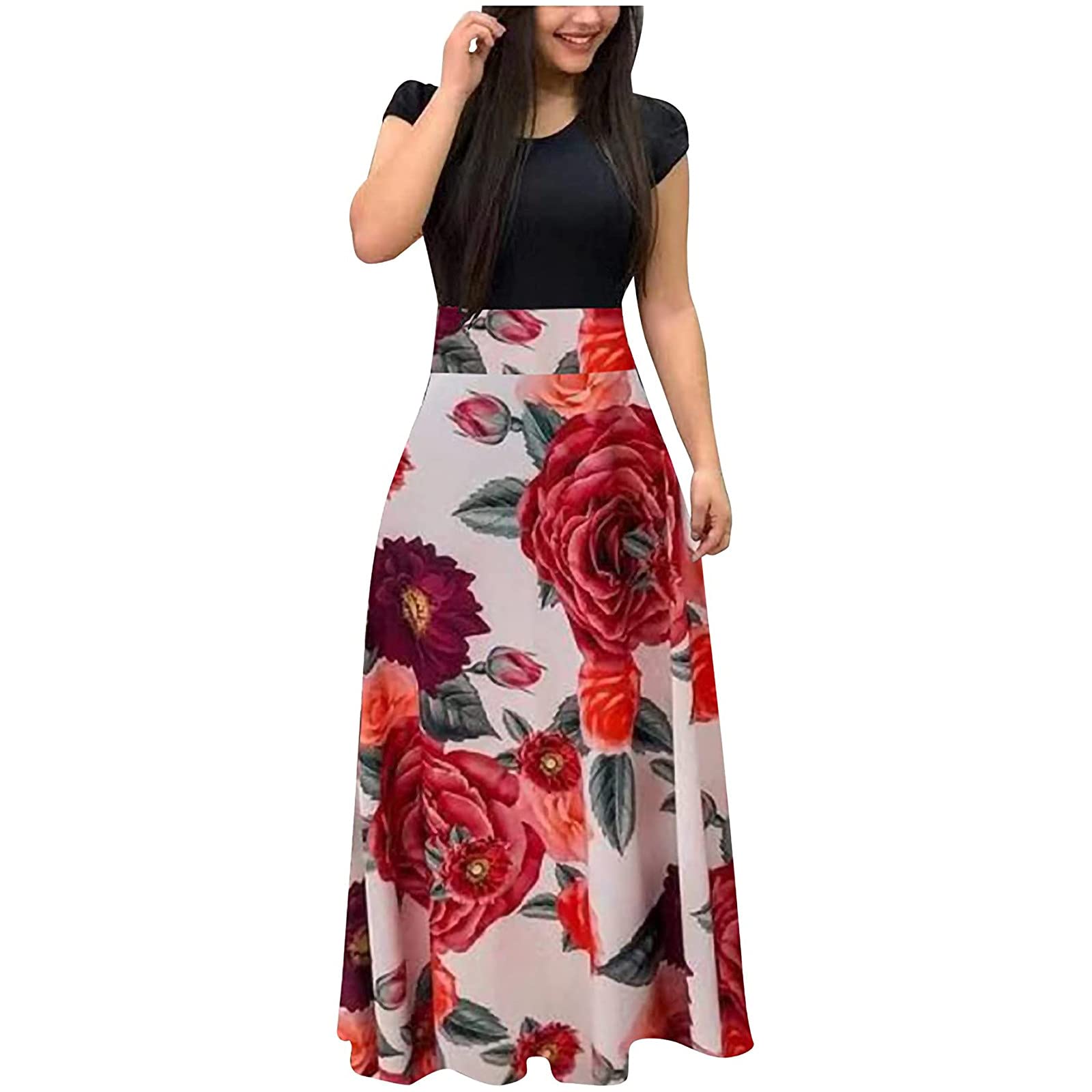 Weiheng Women's Bohemian Floral Print Maxi Dress - Casual Tie-Dye Colorful V-Neck Loose Beach Sundress for Summer Vacation, Music Festivals & Outdoor Parties