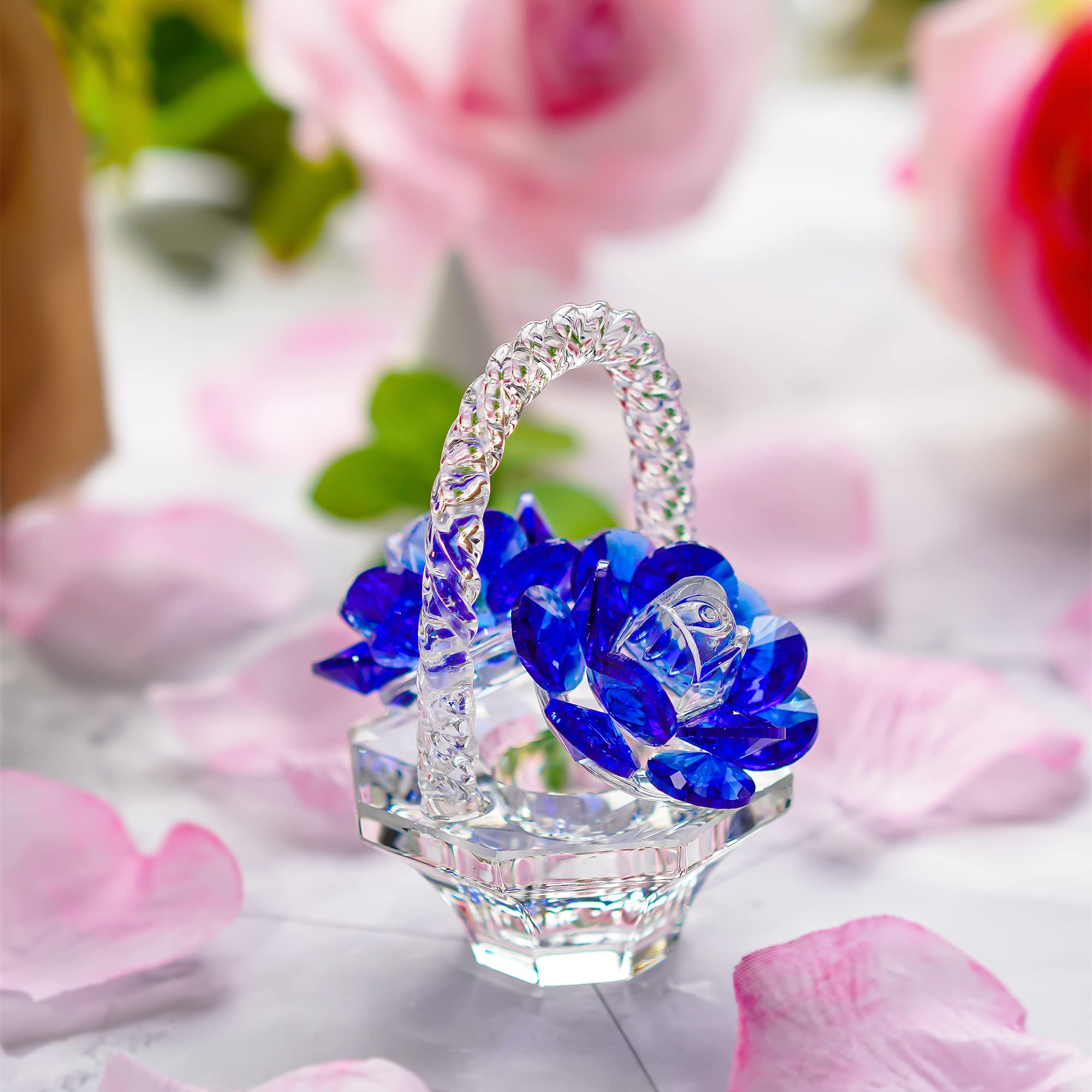 H&D HYALINE & DORA Blue Crystal Glass Rose Flower Gift Set - Perfect for Valentine's Day, Mother's Day, Christmas, Anniversary & Birthday Presents - Elegant Home Decor & Romantic Gift Idea