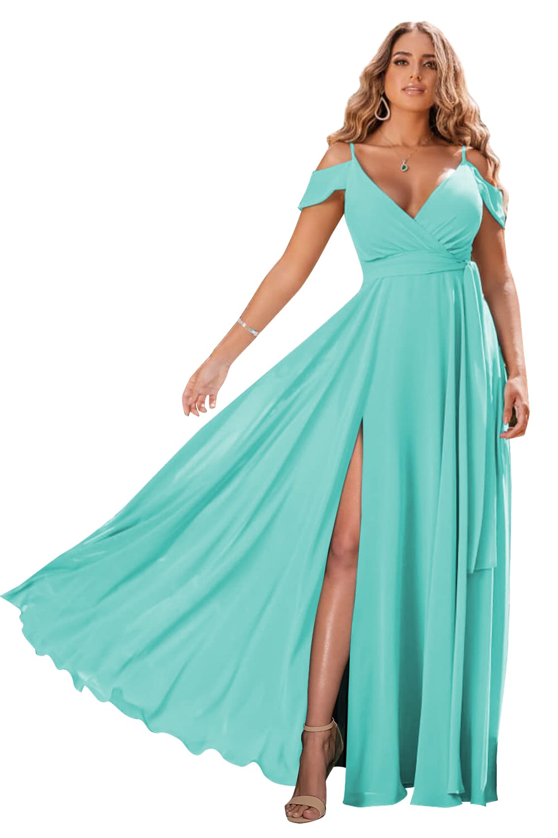 Turquoise Chiffon Long Bridesmaid Dress for Women - Plus Size Cold Shoulder V-Neck Formal Gown with High Slit (Size 26) | Perfect for Weddings, Proms, and Evening Parties