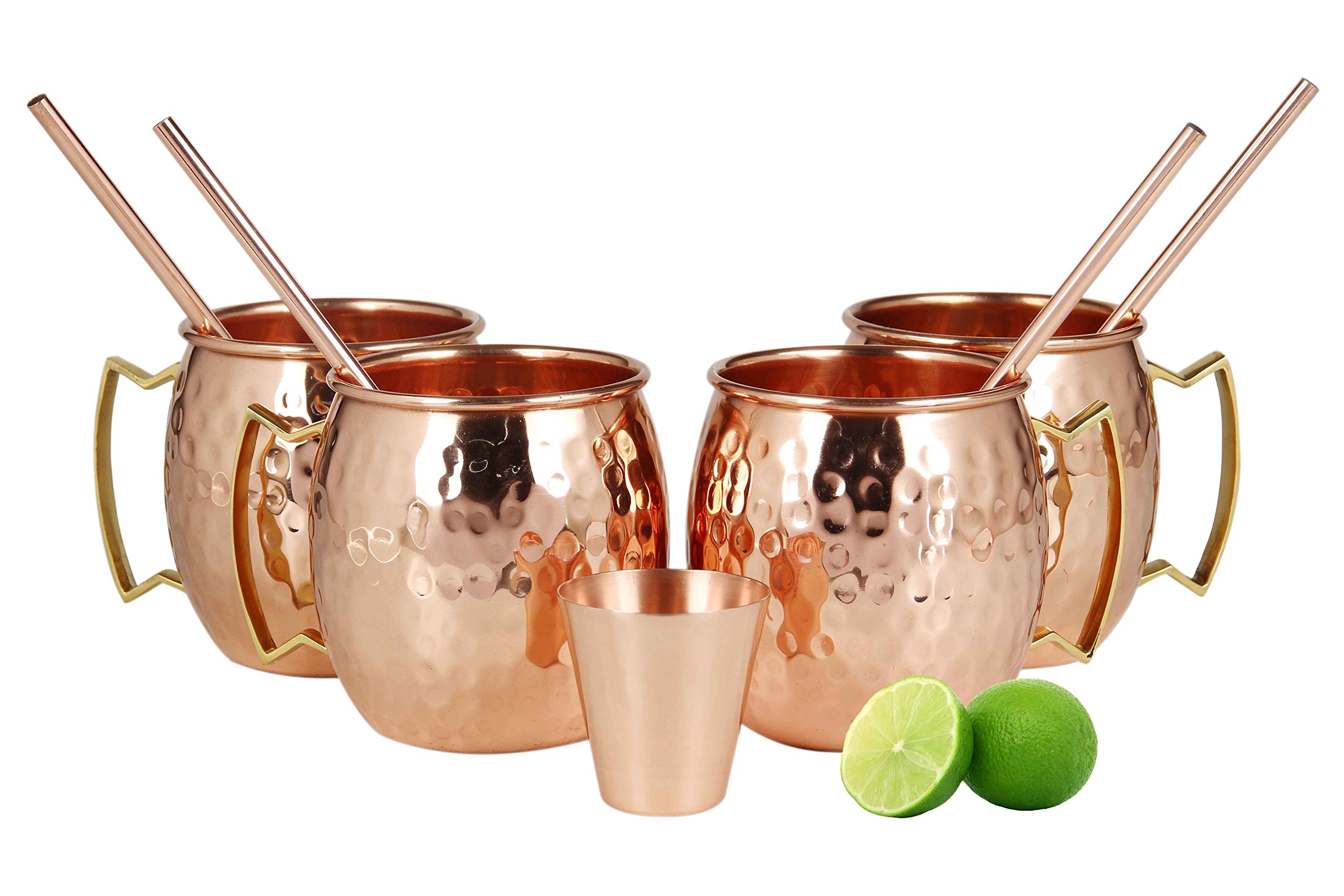 Premium 16oz Hammered Copper Moscow Mule Mugs Set of 4 - 100% Pure Solid Copper Cups with 4 Reusable Straws & Bonus Copper Shot Glass - Perfect for Cocktails, Gifts & Home Bar Accessories