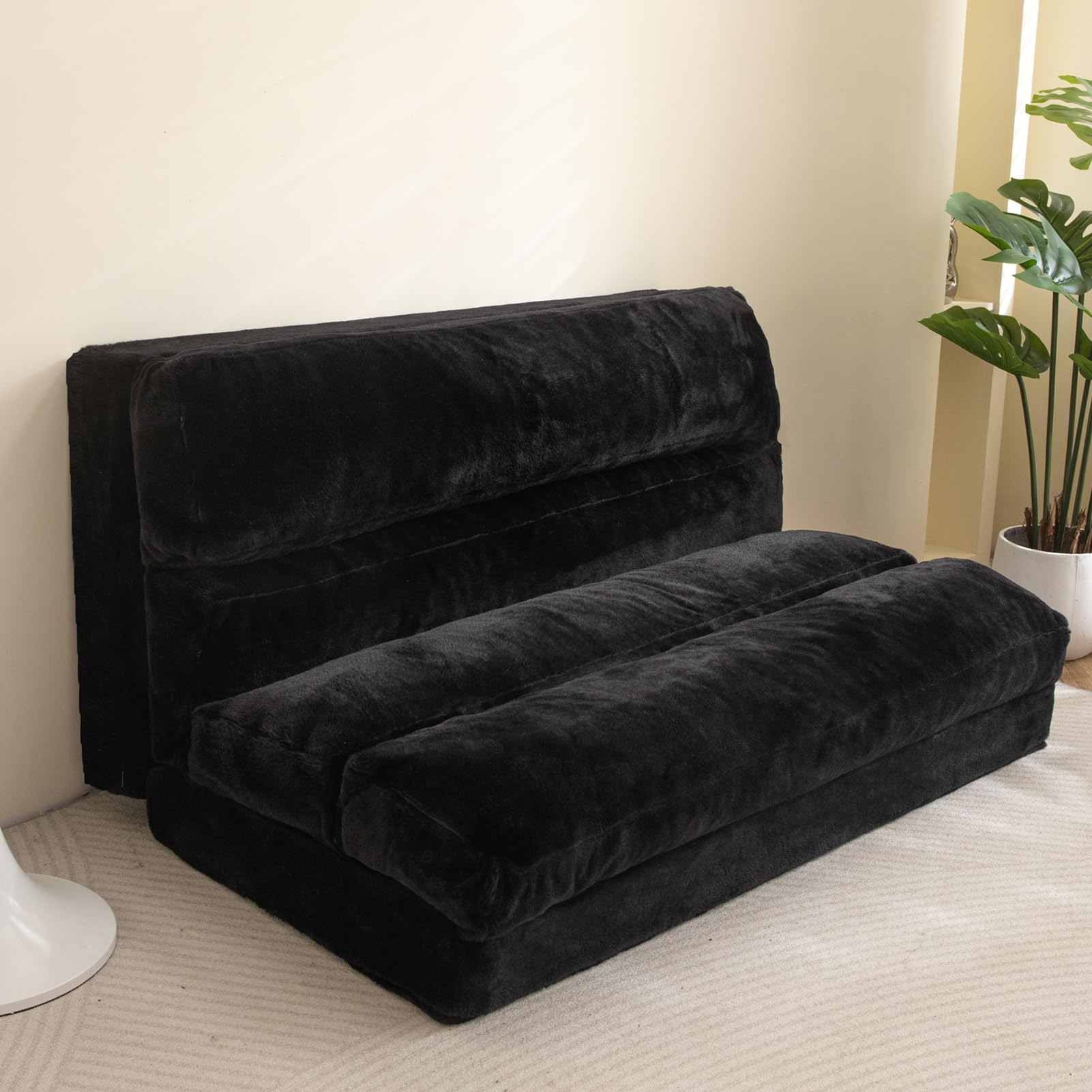 MAXYOYO Extra Wide Bean Bag Bed - Foldable Sofa Bed & Full Floor Mattress for Adults & Teens - Comfortable Lounger for Living Room, Bedroom, Dorm - Black (Home, Office, Camping)