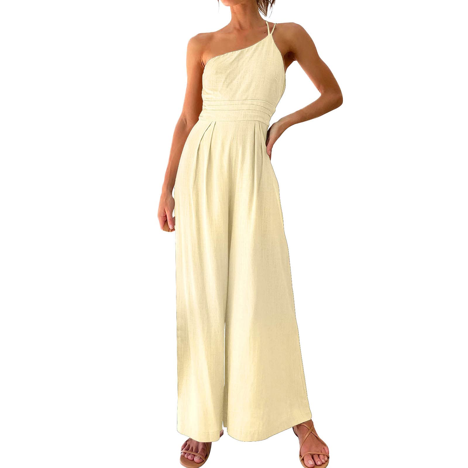 iOPQO Women's One Shoulder Pleated High Waist Jumpsuit - Summer Strap Romper with Wide Leg Design in Beige (Size S) | Perfect for Beach Vacations, Date Nights & Casual Outings