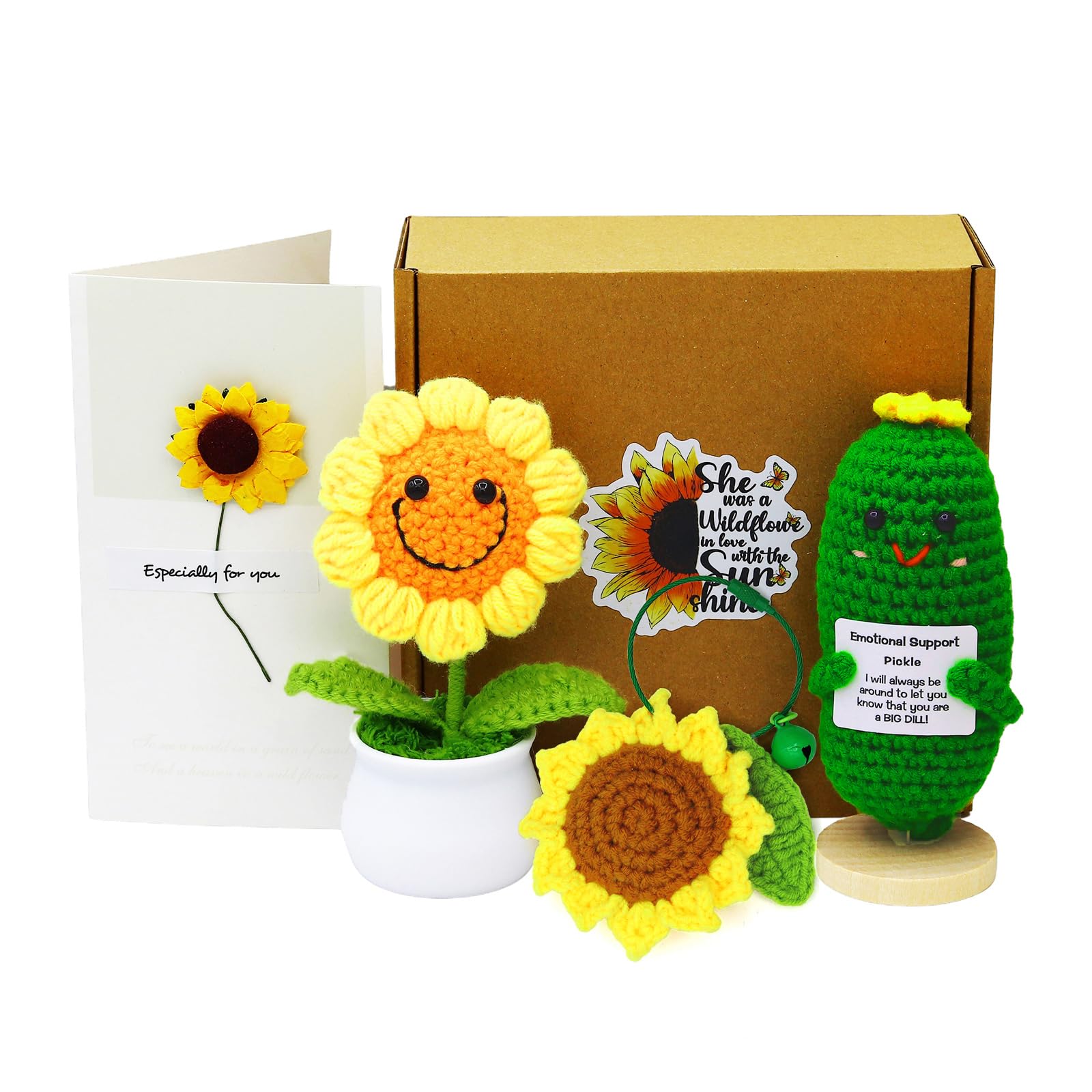 3Pcs Funny Crochet Potato Dolls with Sunflower Pot & Encouragement Cards - Creative Knitting Wool Gifts for Women, Mom, Girlfriend - Birthday, Party Decoration & Home Decor (Cucumber Style) - Perfect for DIY Crafts, Room Decor & Encouragement Gifts