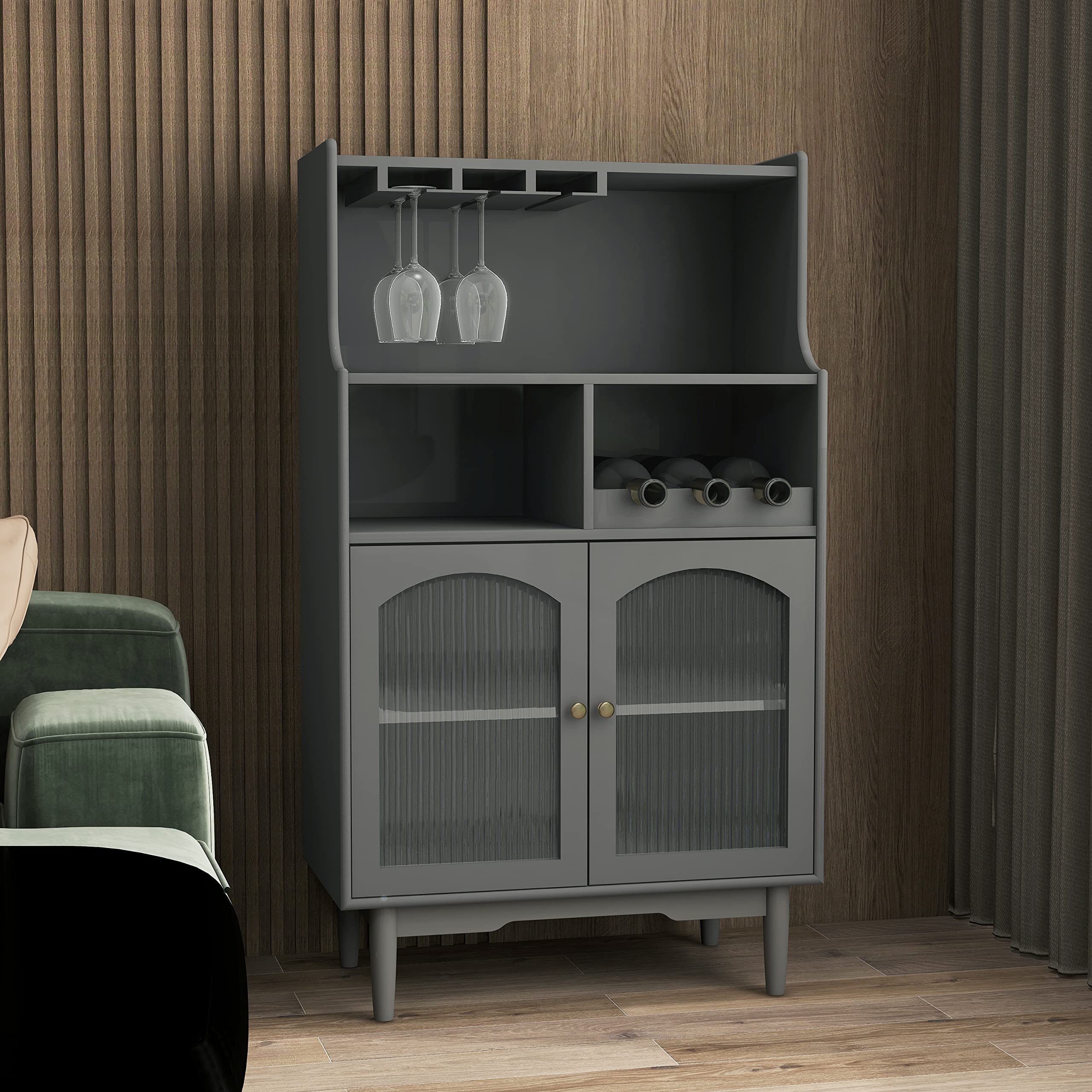 Modern Bar Cabinet & Coffee Station Sideboard with Wine Rack, Glass Holder & Glass Door - Space-Saving Storage Solution for Home, Kitchen, Living Room | Perfect for Small Apartments, Entertaining Guests & Stylish Home Decor