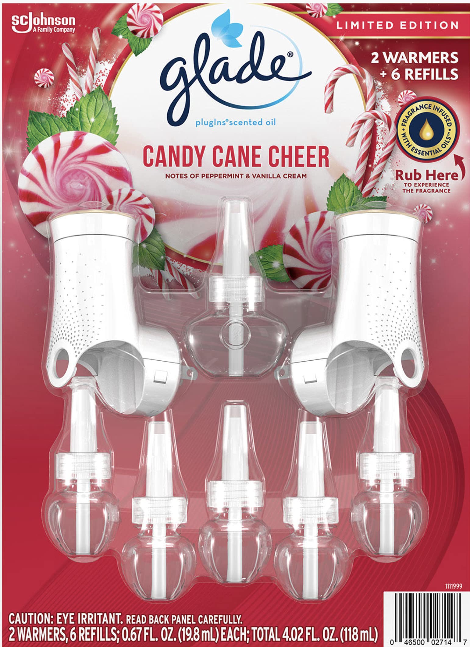 Glade Plugins Candy Cane Cheer Peppermint Vanilla Cream Air Freshener - 2 Scented Warmers + 6 Refills for Home, Office & Holiday Decor