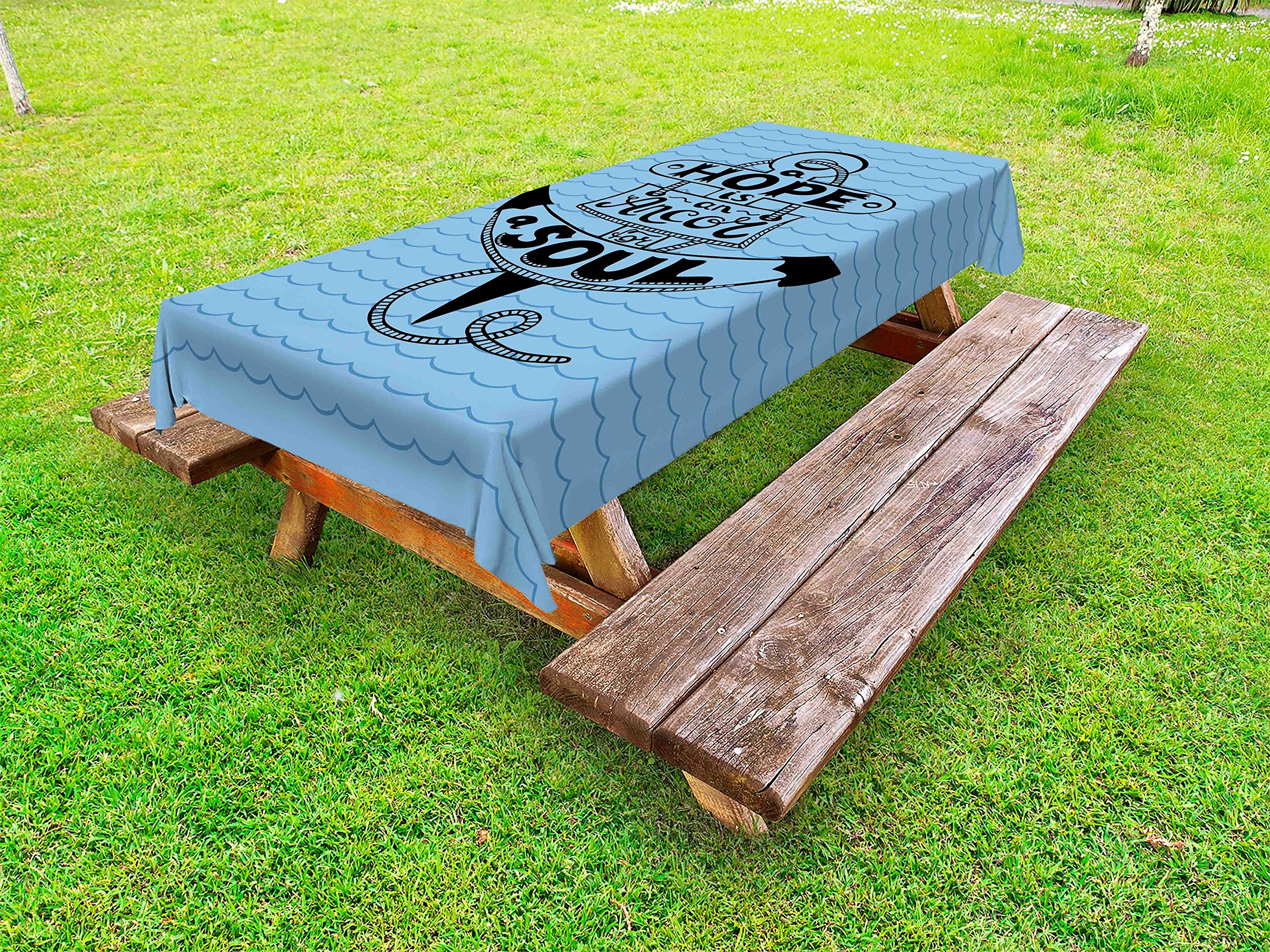 Ambesonne Hope Waterproof Outdoor Tablecloth - Hand Drawn Anchor & Marine Design with Inspirational Words on Wavy Sea Pattern, 58x84 Inch Washable Picnic Table Cover in Black & Blue | Perfect for Beach Parties, Backyard BBQs and Nautical-Themed Events