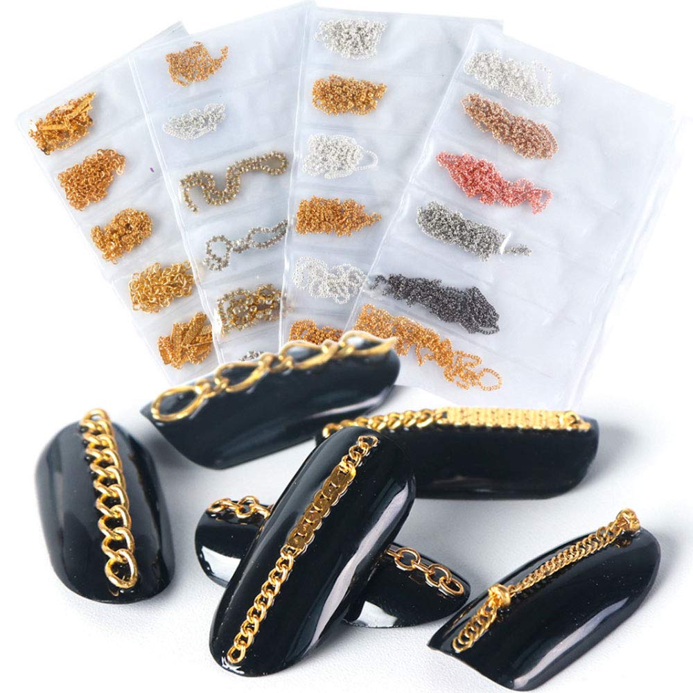 4 Packs 24PCS Gold & Silver Metal Punk Nail Art Chains Charms - 3D Nail Ornaments for Women DIY Manicure Decorations | Perfect for Punk, Gothic, and Party Nail Designs