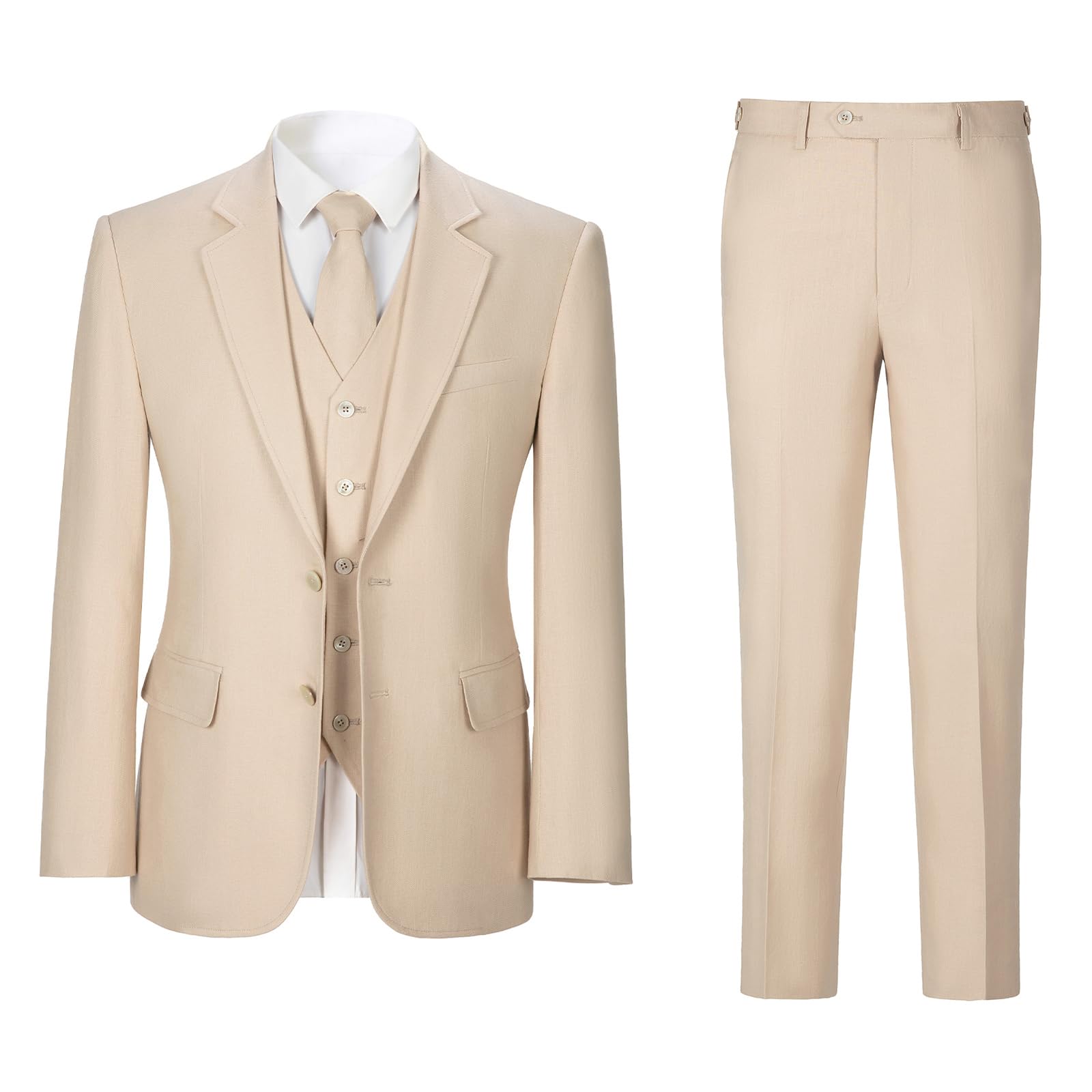 Men's Slim Fit Lightweight Herringbone Linen Suit 3-Piece Set - Beach Wedding Tuxedo for Summer, Outdoor Events & Formal Occasions