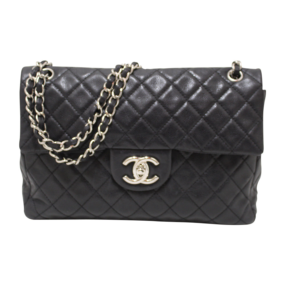 Authentic Chanel Black Quilted Washed Caviar Leather Classic Maxi Single Flap Shoulder Bag | Luxury Designer Handbag for Women | Perfect for Evening Events, Parties & Special Occasions