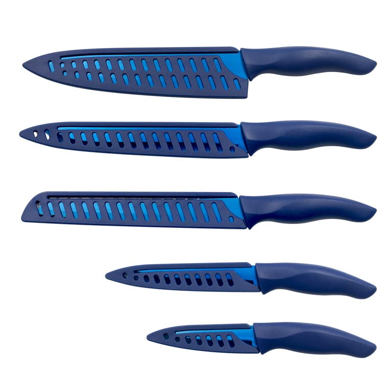 Premium 5-Piece Stainless Steel Blue Titanium Kitchen Knife Set - Chef Knife, Utility Knife, Paring Knife - Perfect for Home Cooking, Professional Chefs & Fruit Cutting (Color: Blue)