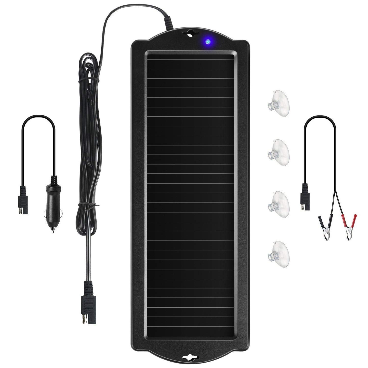 Sunway 12V Solar Car Battery Trickle Charger & Maintainer with Cigarette Lighter Plug & Battery Clamps - Compatible with Cars, Motorcycles, Boats, RVs, Snowmobiles & Watercraft - Ideal for Long-Term Vehicle Storage & Outdoor Adventures